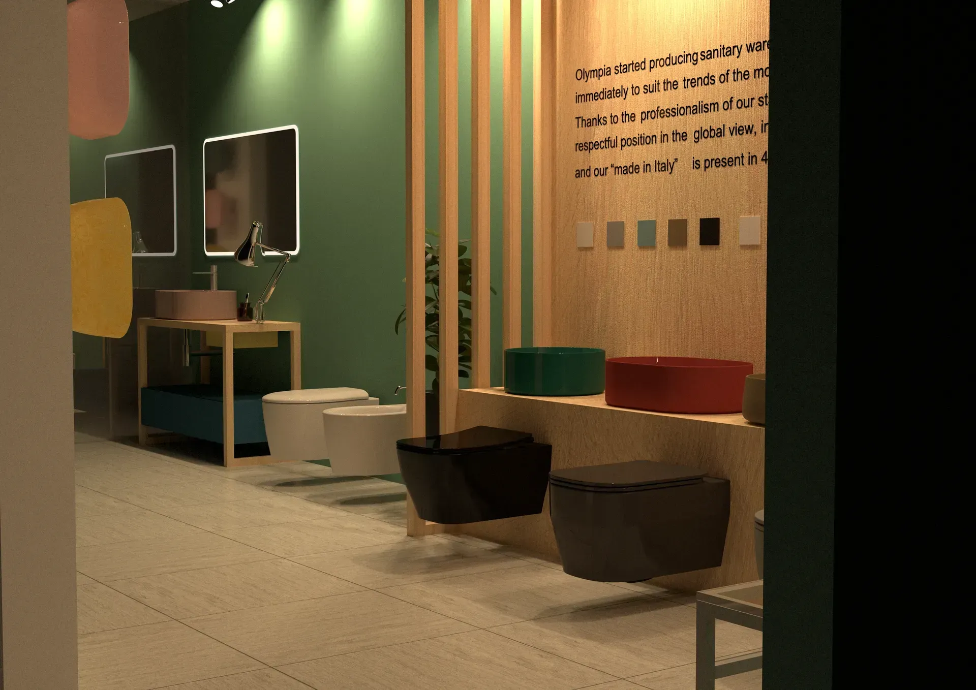 Esposizione di bagni con sanitari, lavandini e campioni di colore su una parete di legno.