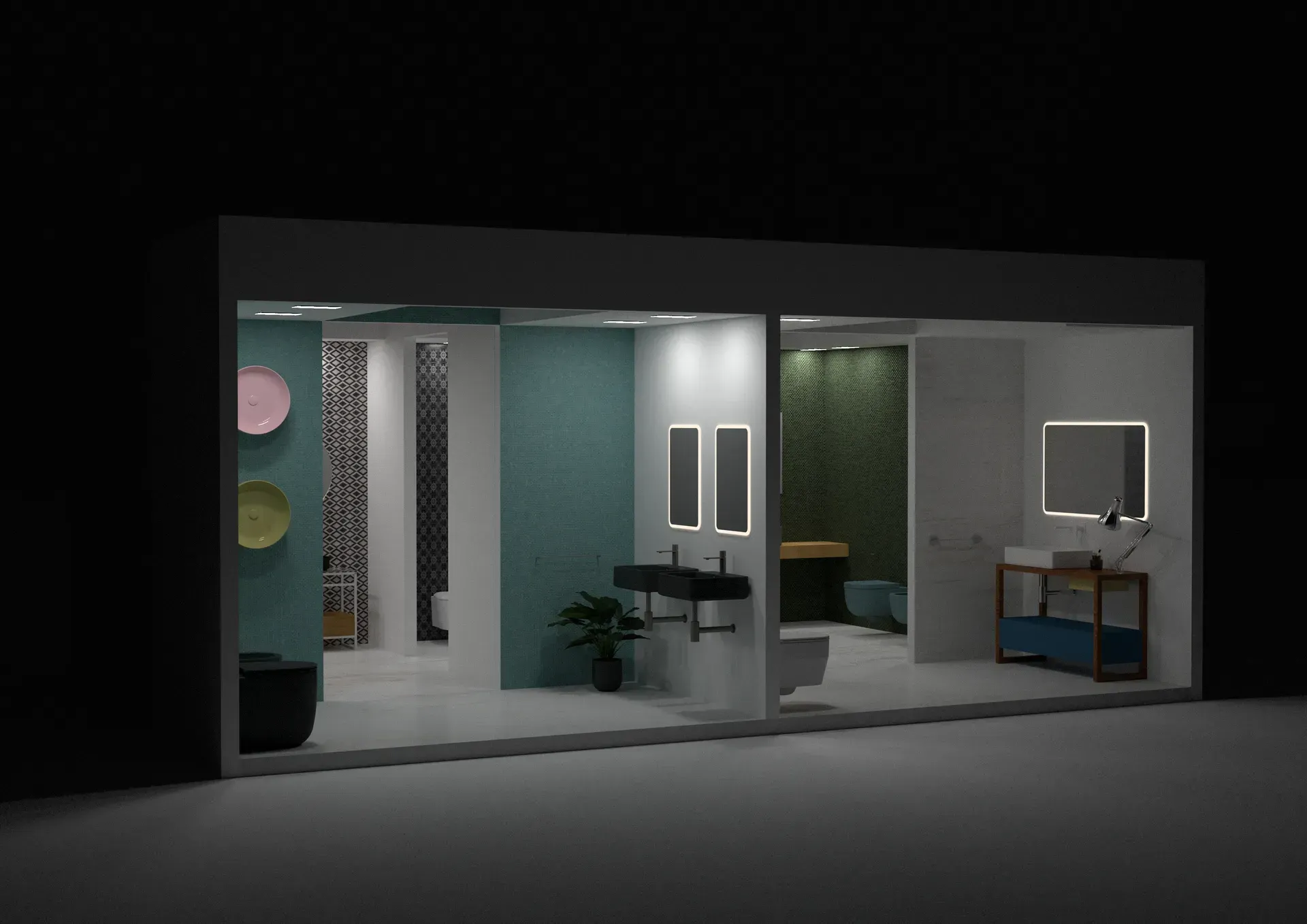 Espositori da bagno illuminati in uno showroom buio. Ogni bagno presenta piastrelle, sanitari e illuminazione diversi.