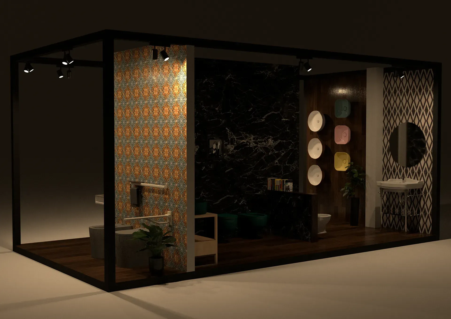Esposizione di un bagno con piastrelle a motivi, pareti in marmo scuro e accessori.