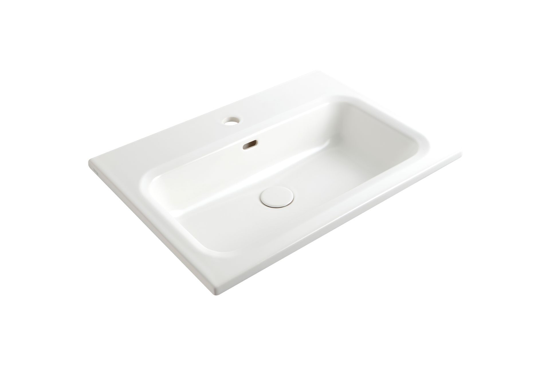 Lavabo rettangolare bianco per bagno con scarico centrale e foro per il rubinetto sul bordo posteriore.