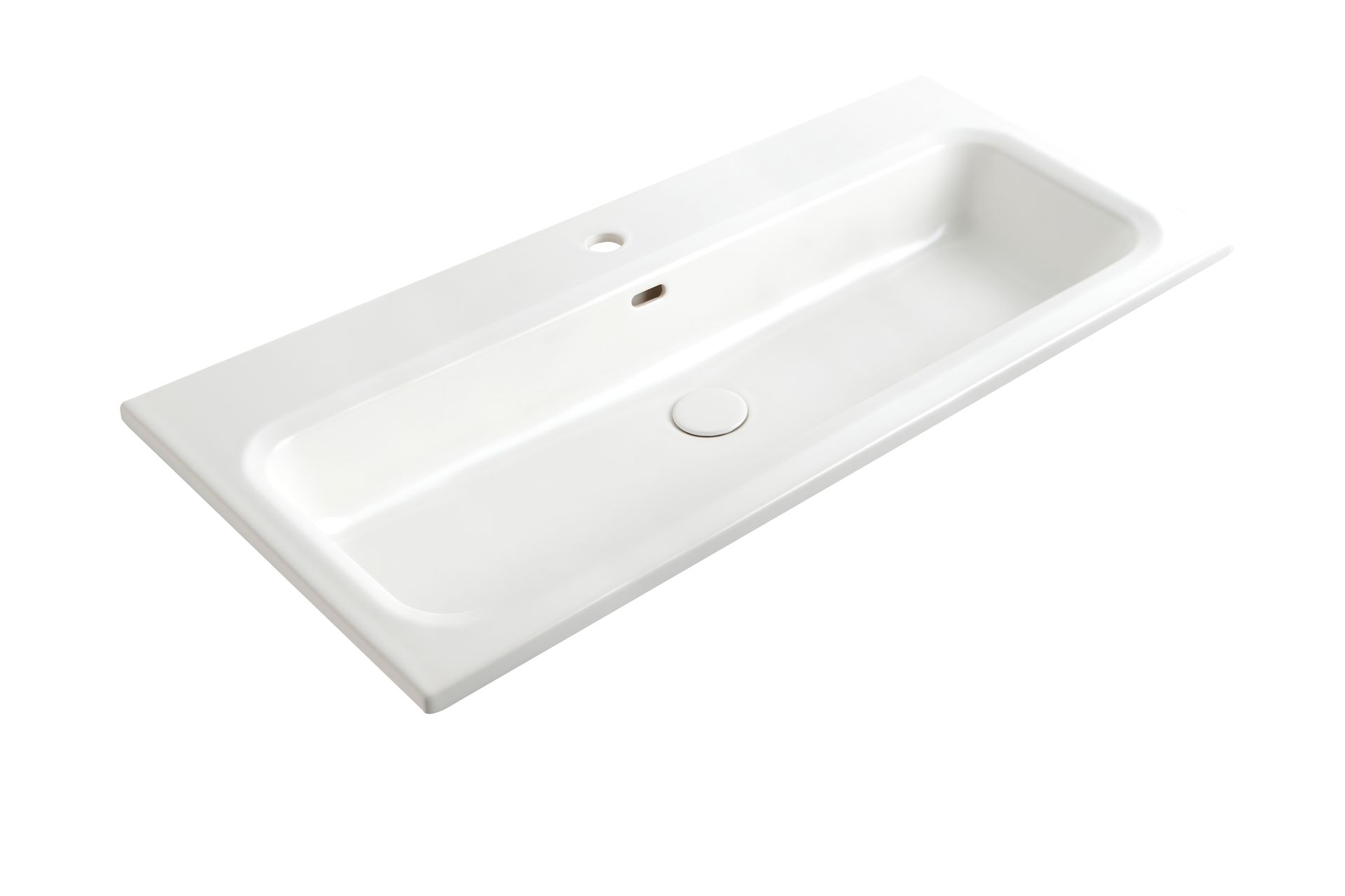 Lavabo rettangolare bianco per bagno con scarico centrale e foro per il rubinetto sul piano.