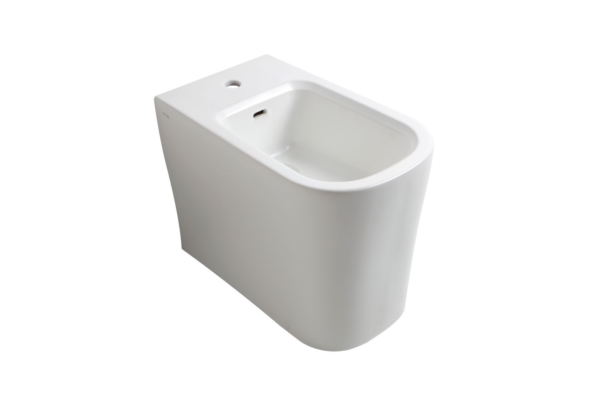 Bidet in porcellana bianca a pavimento con un singolo foro per il rubinetto e design curvo.