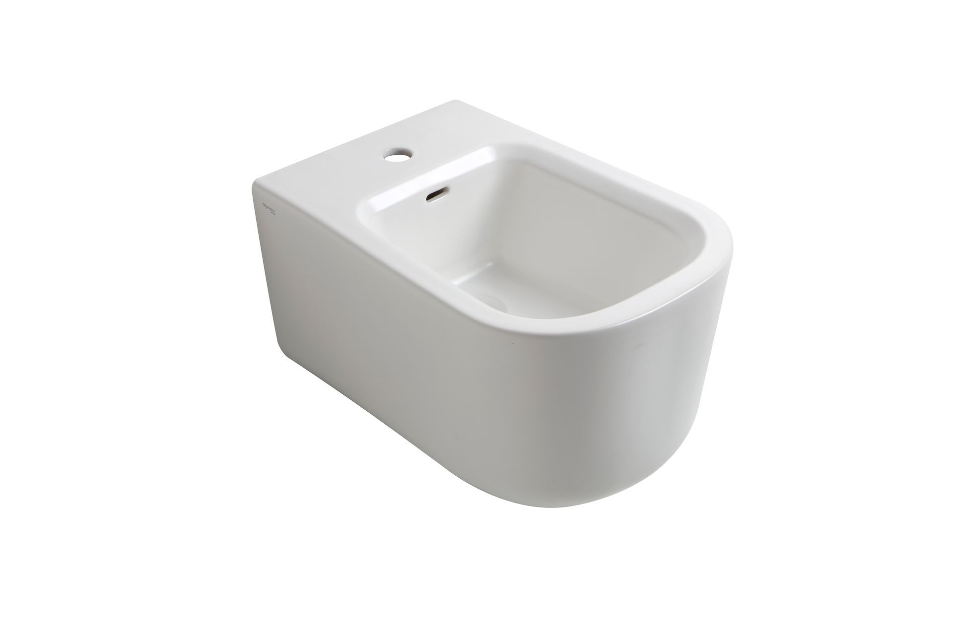 Bidet bianco, moderno, a parete, con un singolo foro per il rubinetto e scarico di troppo pieno interno.