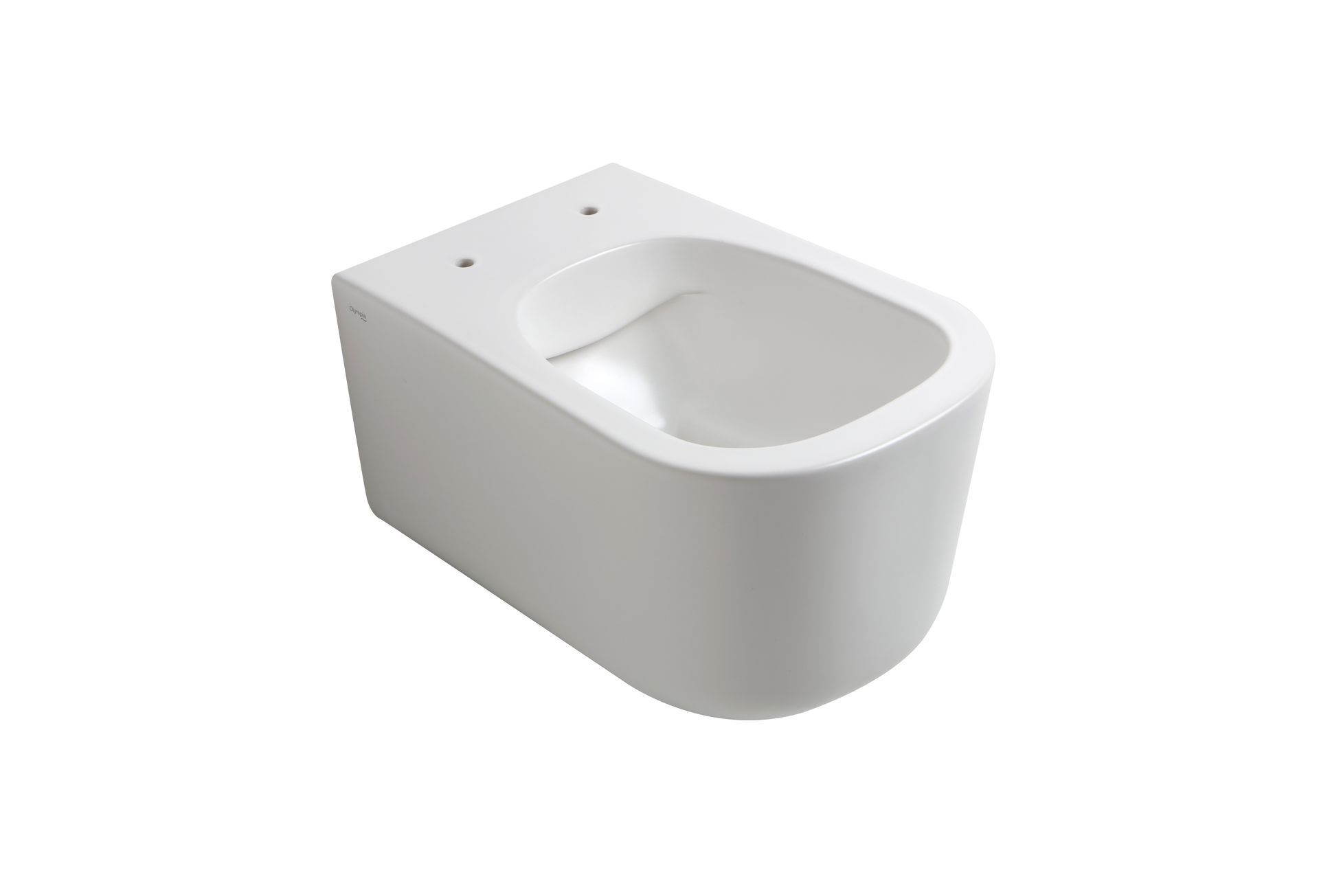 Un bidet bianco sospeso a parete su uno sfondo bianco uniforme.