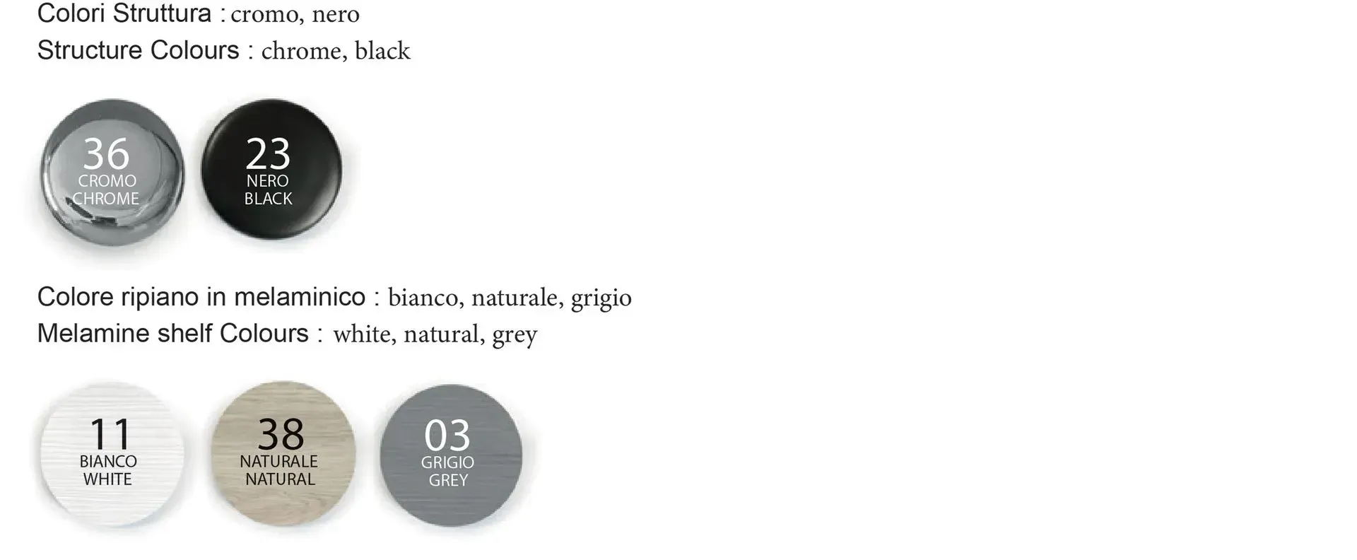Tabella colori con tonalità di grigio e crema in campioni circolari, etichettati con codici e nomi