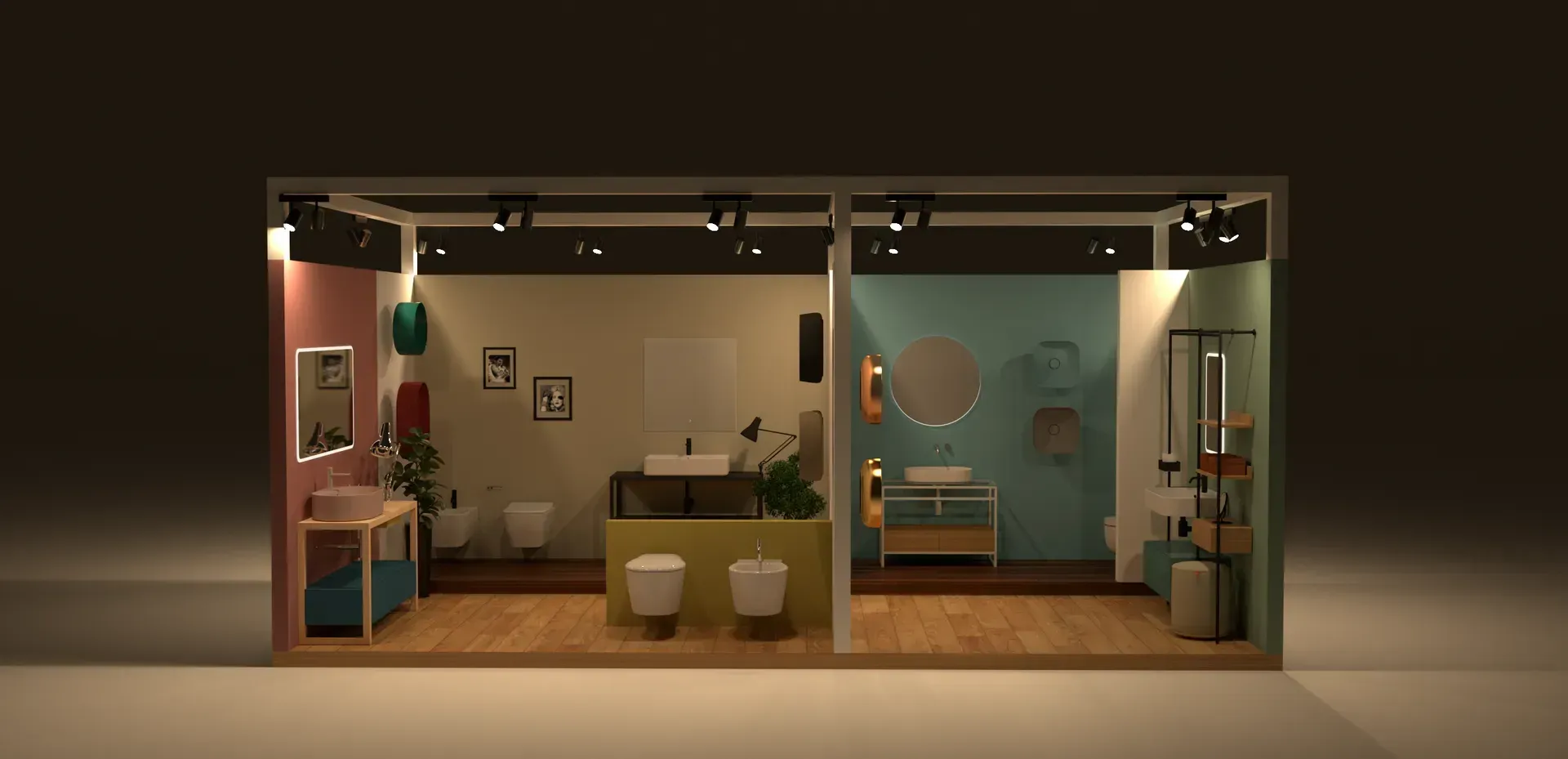 Esposizione di bagni con tre diversi design di stanze all'interno di una scatola di vetro.