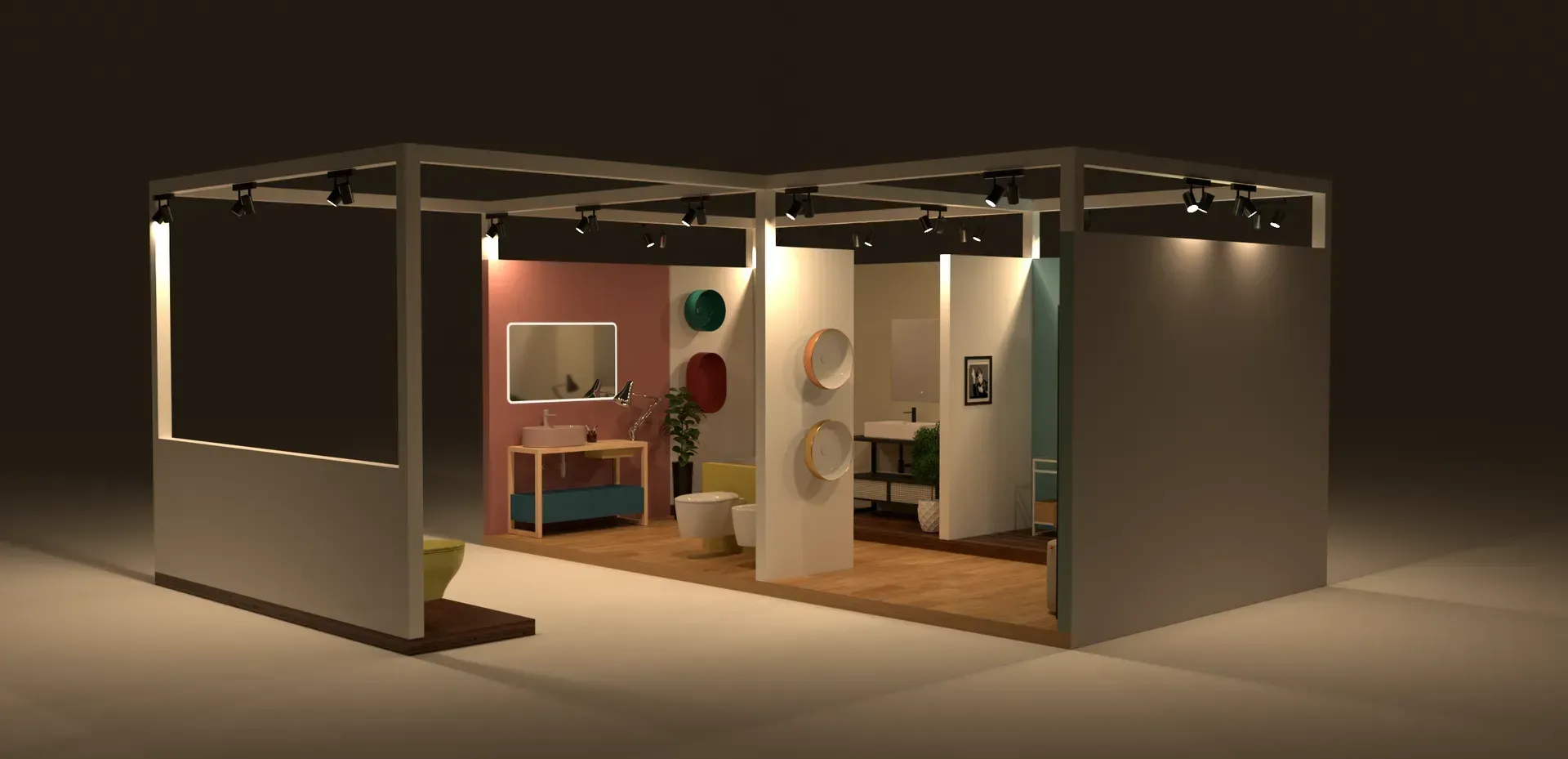 Esposizione di un bagno contemporaneo in uno stand con vari accessori ed elementi di design.