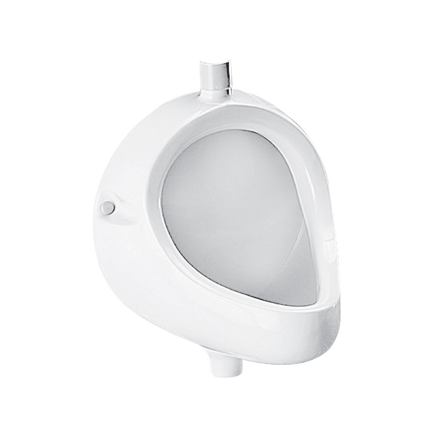 Orinatoio bianco da parete, dalla forma arrotondata, con ingresso dell'acqua nella parte superiore e tubo di scarico sotto.