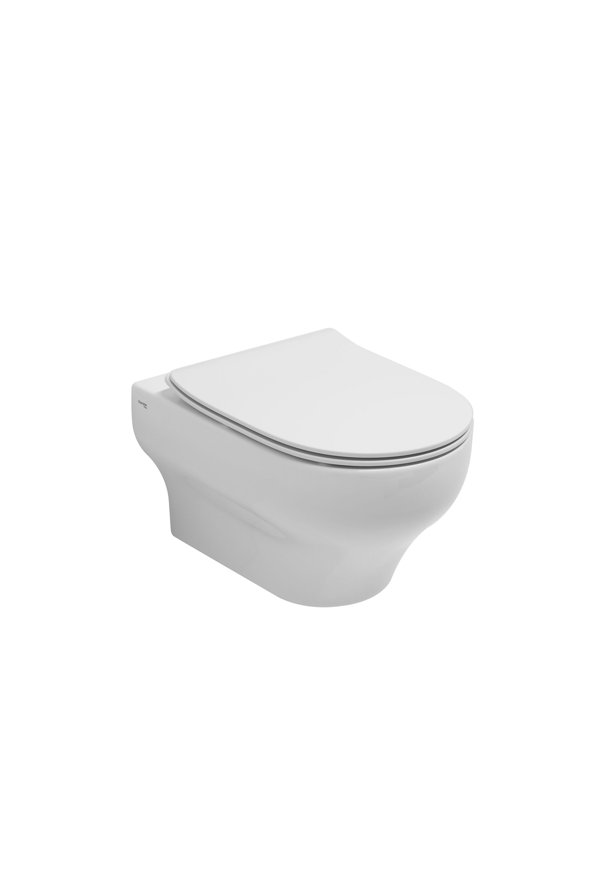 WC sospeso bianco con sedile e coperchio chiusi, isolato su sfondo bianco.