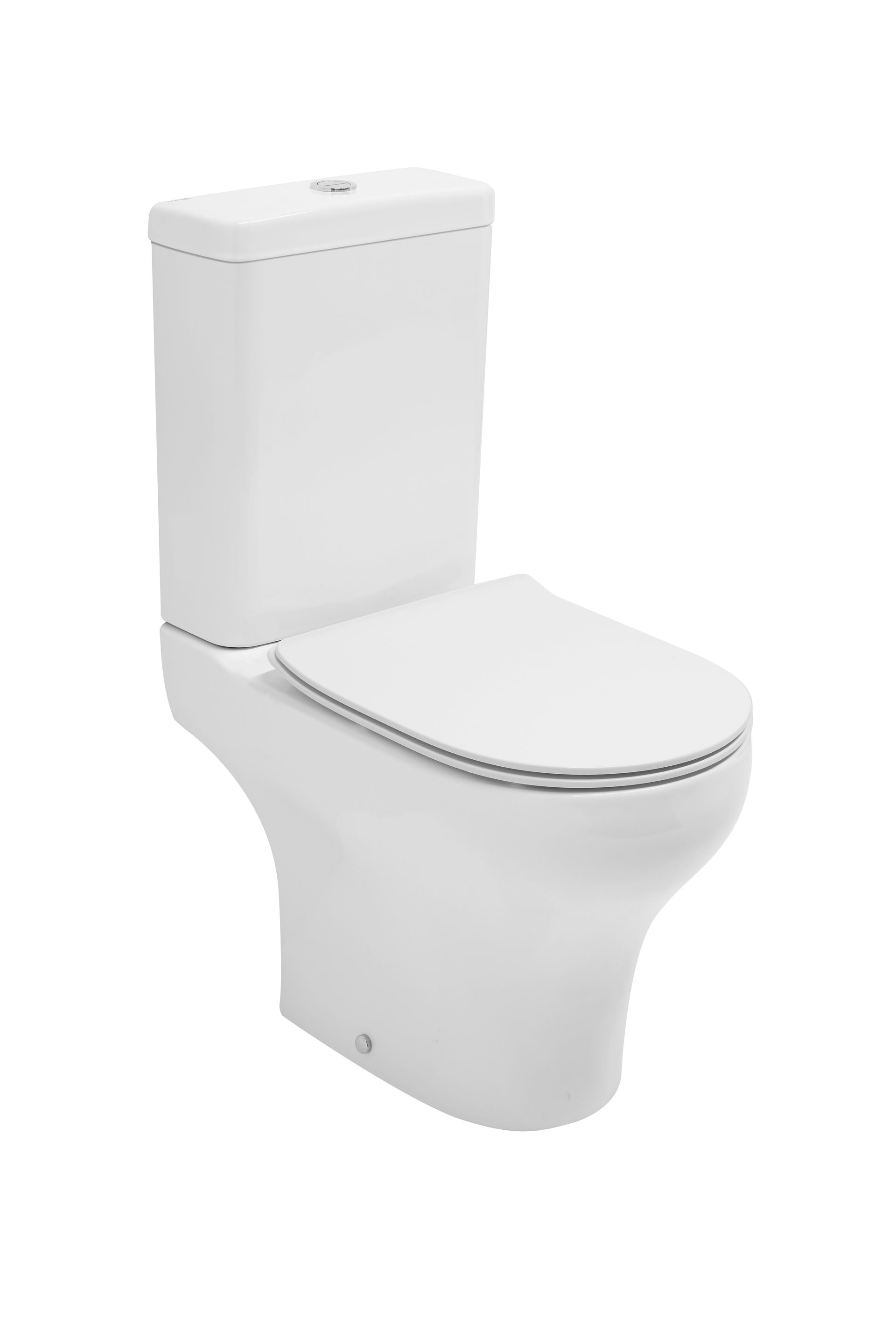 WC bianco a due pezzi con coperchio chiuso, su sfondo bianco.