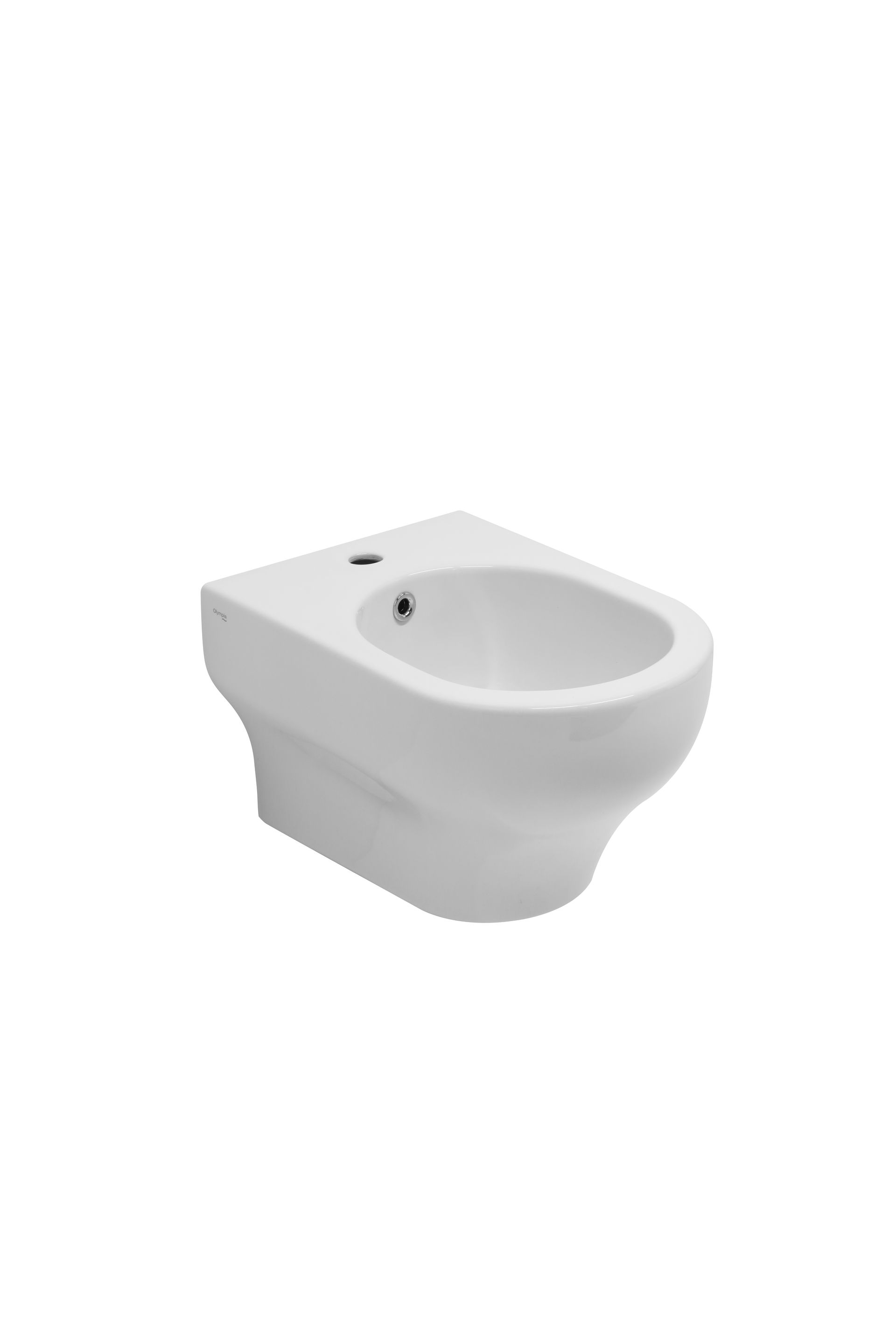 Bidet bianco sospeso con bacino arrotondato e due fori di fissaggio nella parte superiore.