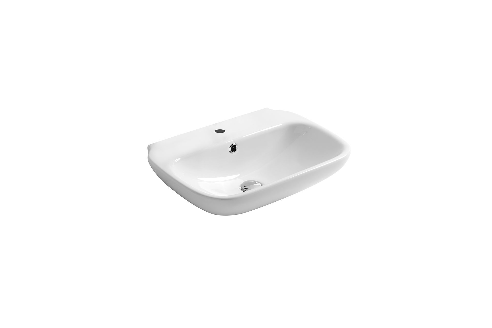 Lavandino da bagno rettangolare in ceramica bianca con rubinetto e fori di scarico.