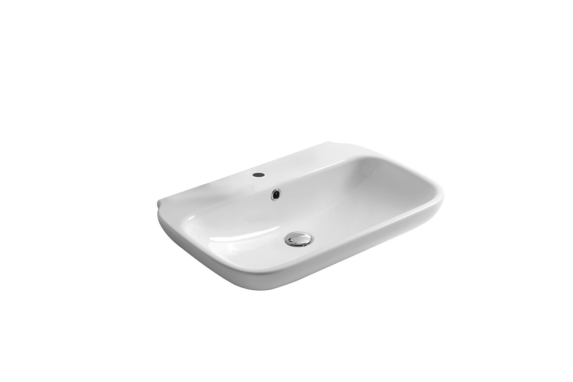 Lavandino da bagno rettangolare in ceramica bianca con rubinetto e fori di scarico.