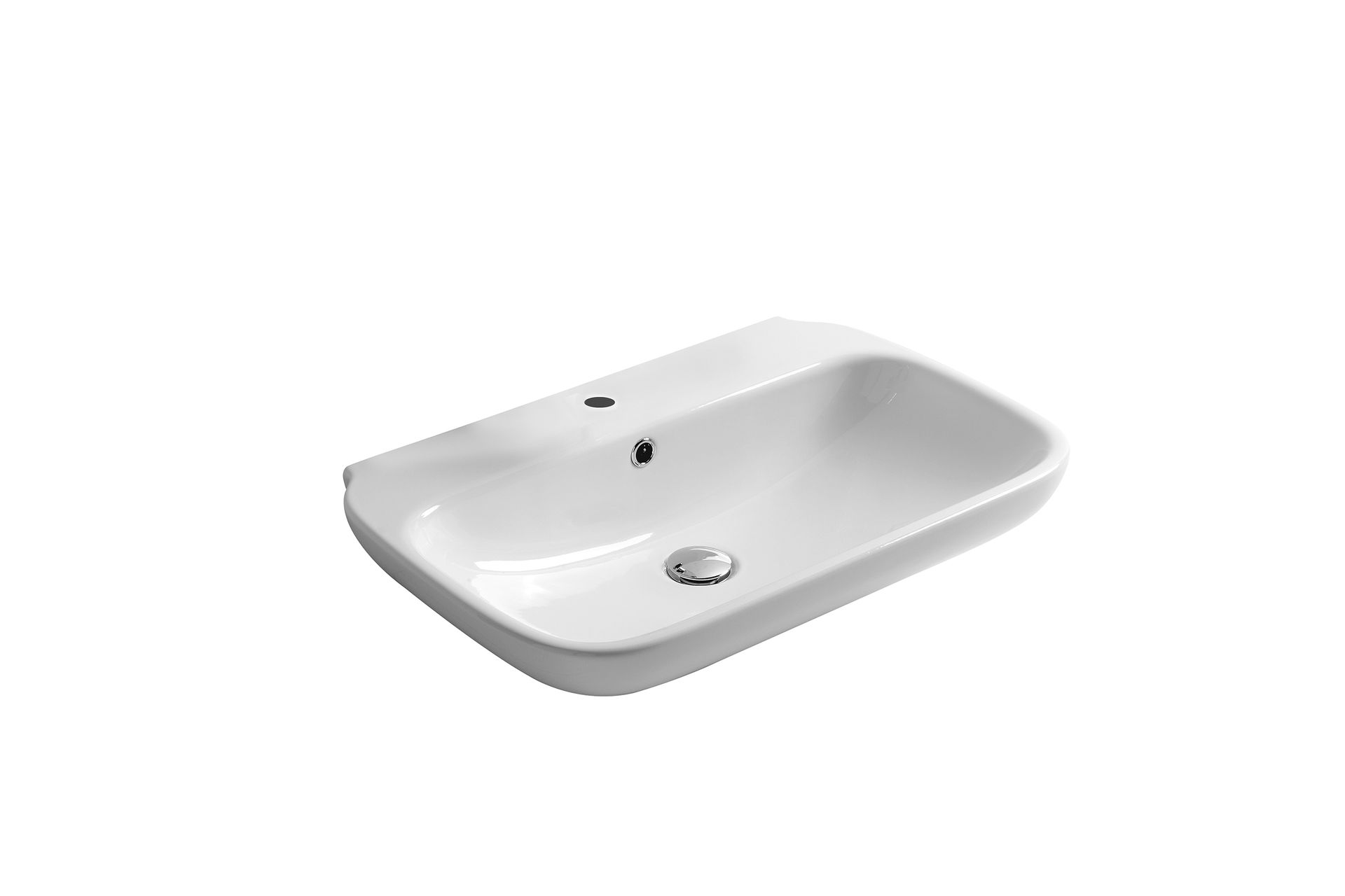 Lavandino da bagno rettangolare in ceramica bianca con rubinetto e fori di scarico.