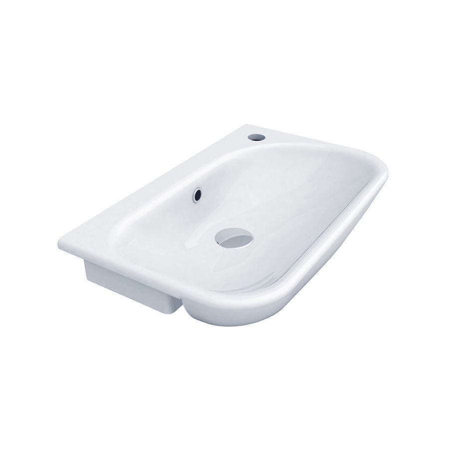 Lavandino da bagno rettangolare in ceramica bianca con rubinetto e fori di scarico.