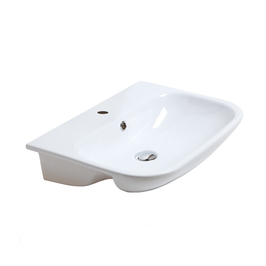 Lavandino da bagno rettangolare in ceramica bianca con rubinetto e fori di scarico.