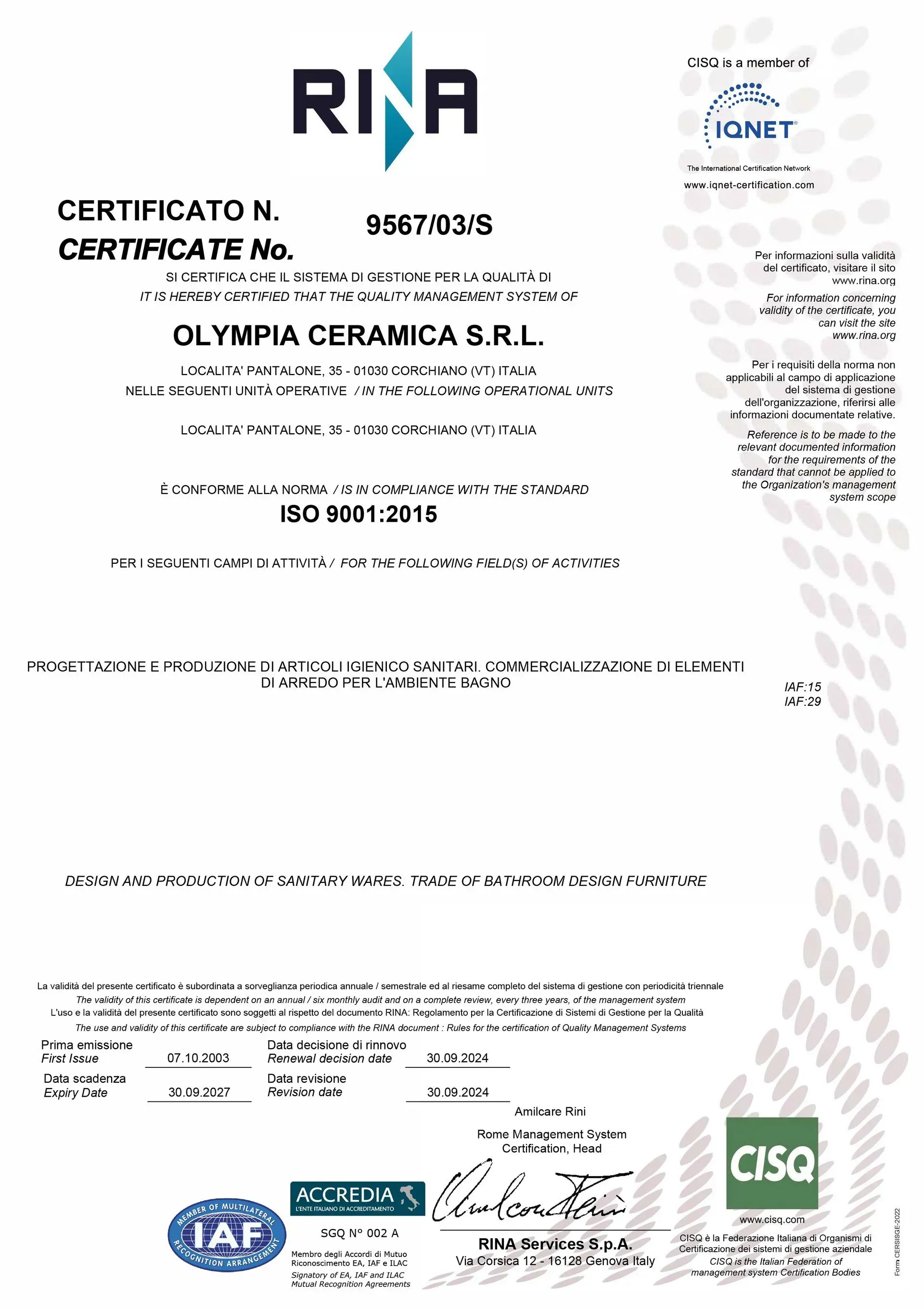 Certificato di Olympia Ceramica SRL, con loghi RINA e IQNET, certificata ISO 9001:2015.