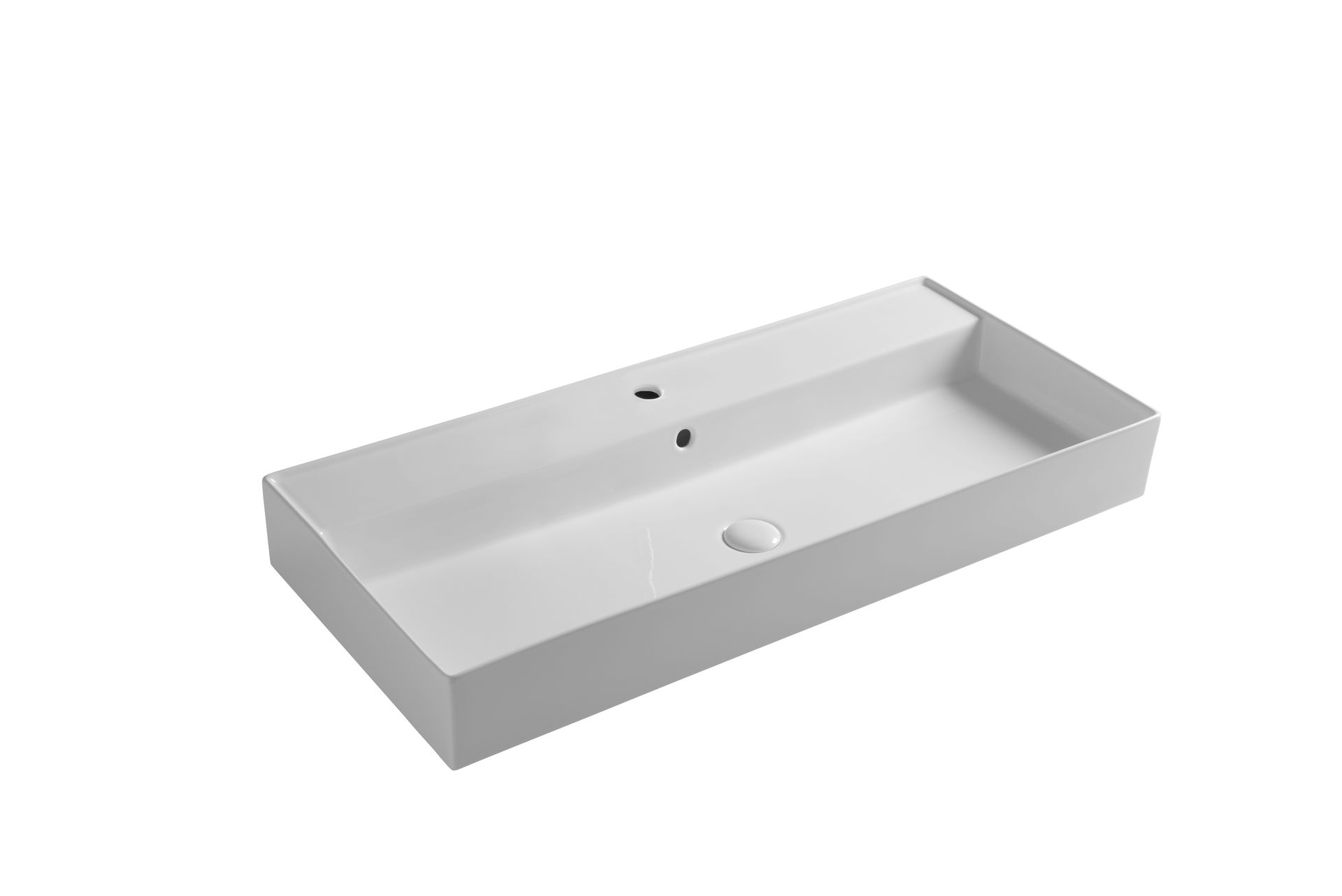 Lavandino da bagno bianco rettangolare da parete con foro per rubinetto e foro di scarico.