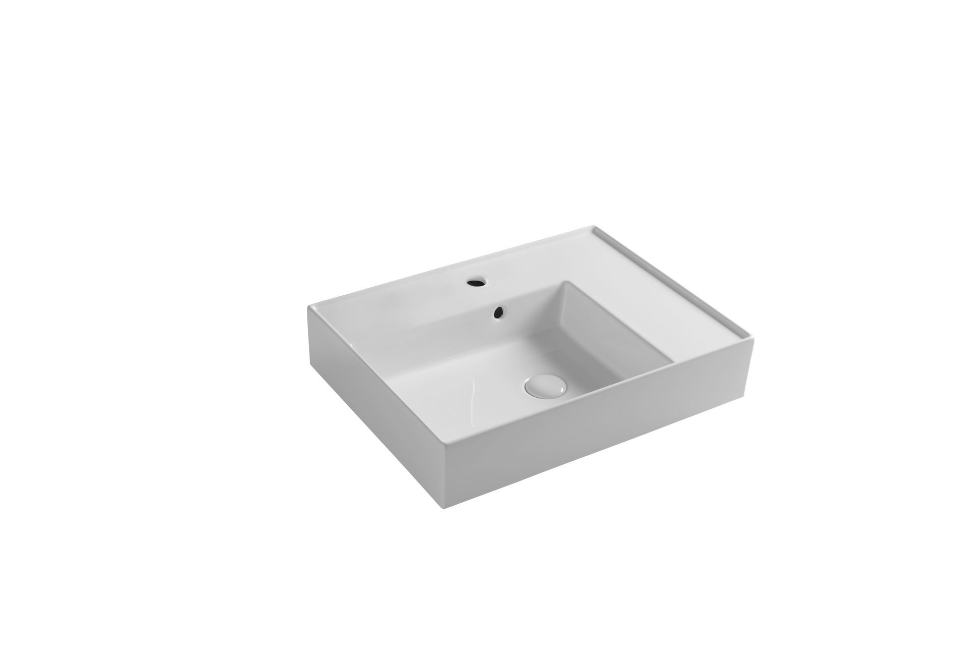 Lavandino da bagno rettangolare in ceramica bianca con foro per rubinetto e ripiano laterale.
