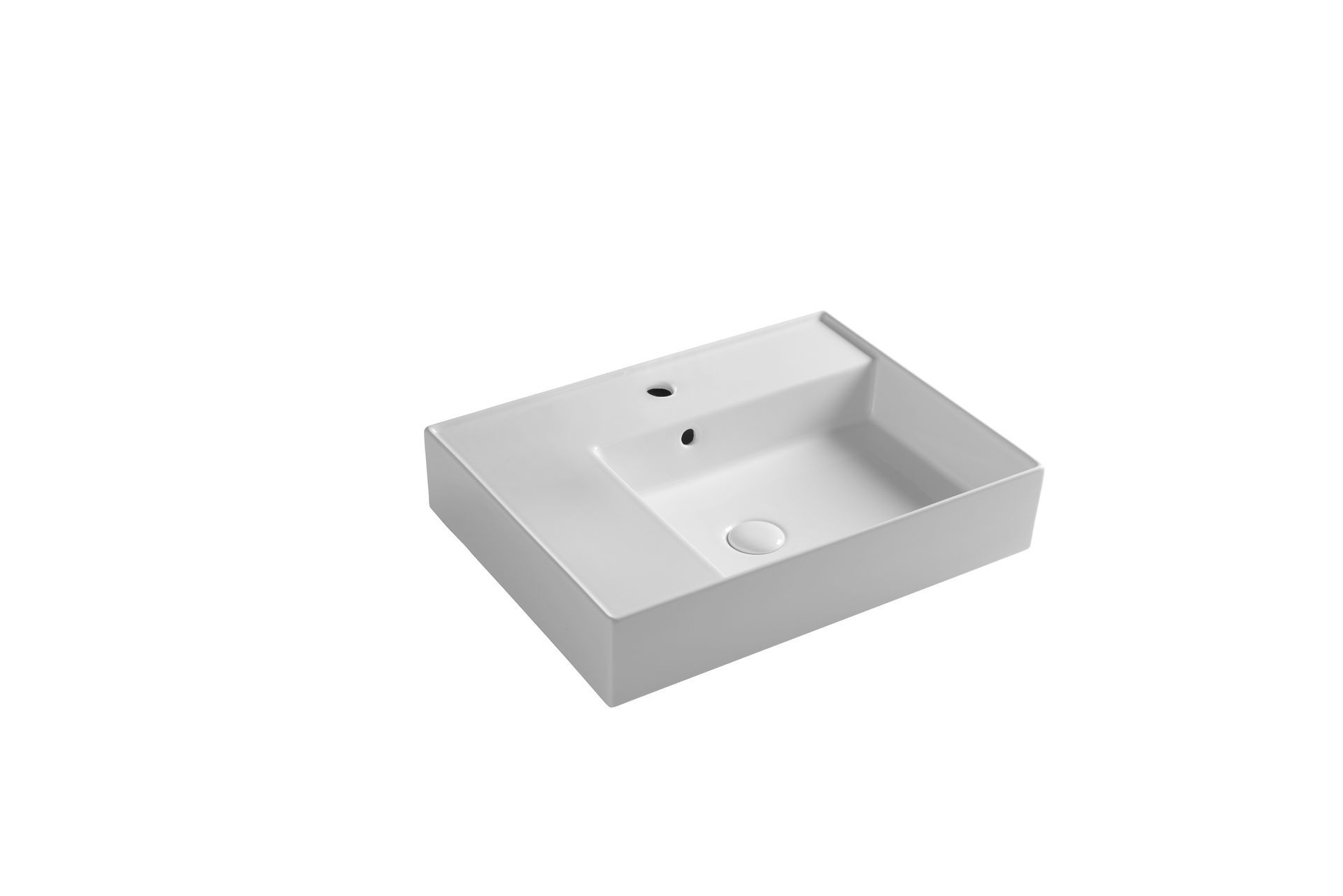 Lavandino da bagno rettangolare in ceramica bianca con rubinetto e foro di scarico.