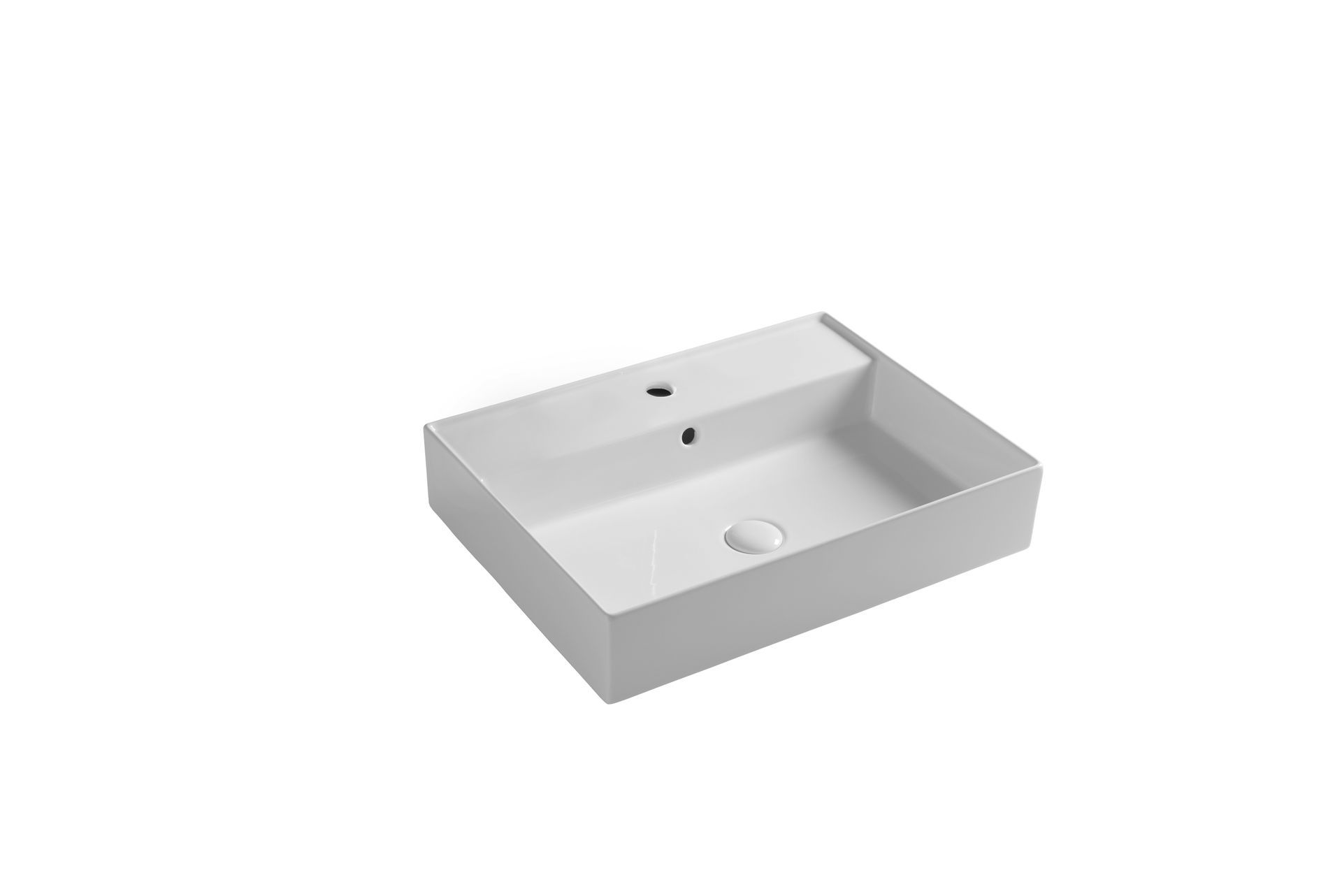 Lavandino da bagno rettangolare in ceramica bianca con foro per rubinetto e troppo pieno.