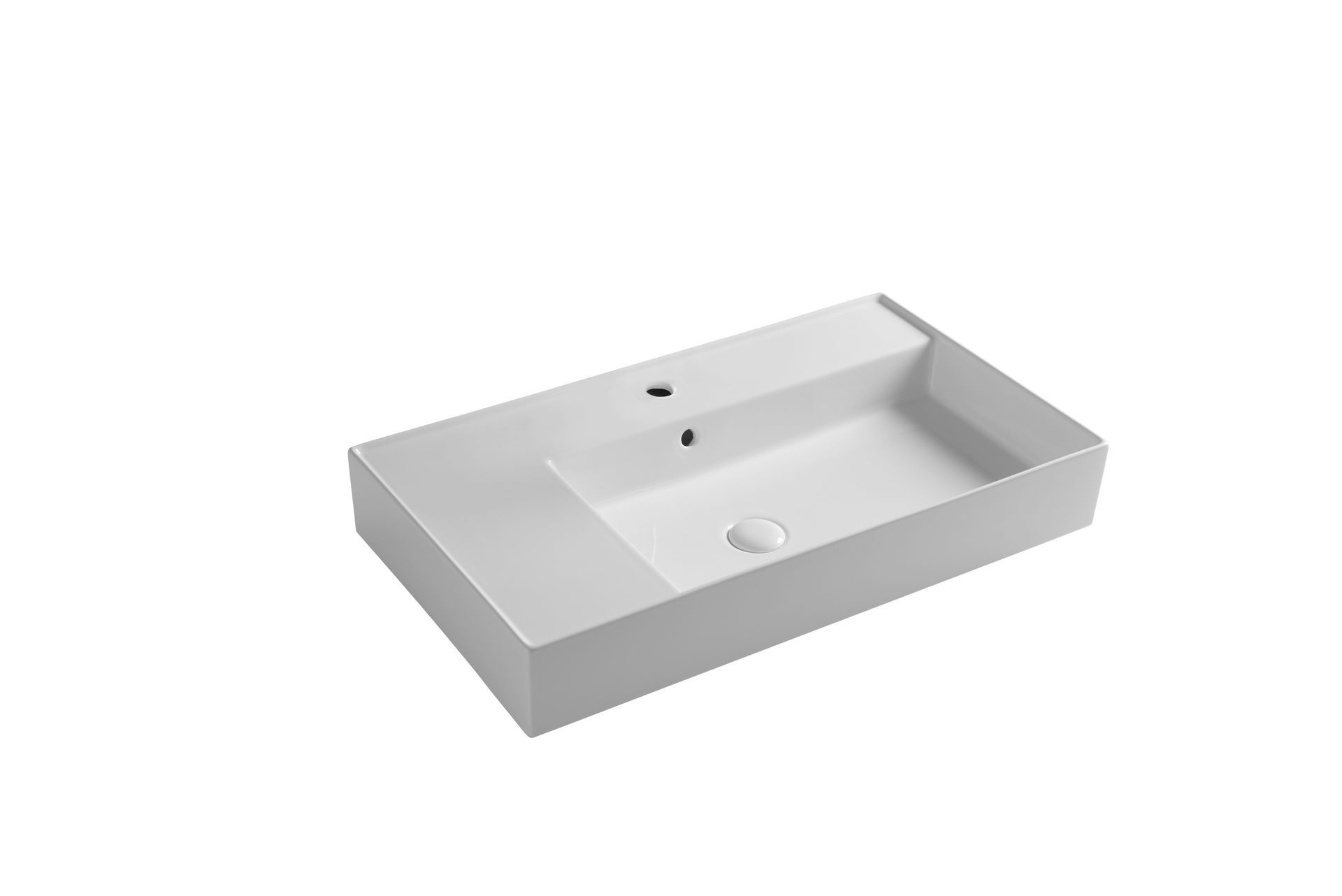 Lavandino da bagno rettangolare in ceramica bianca con rubinetto e fori di scarico.