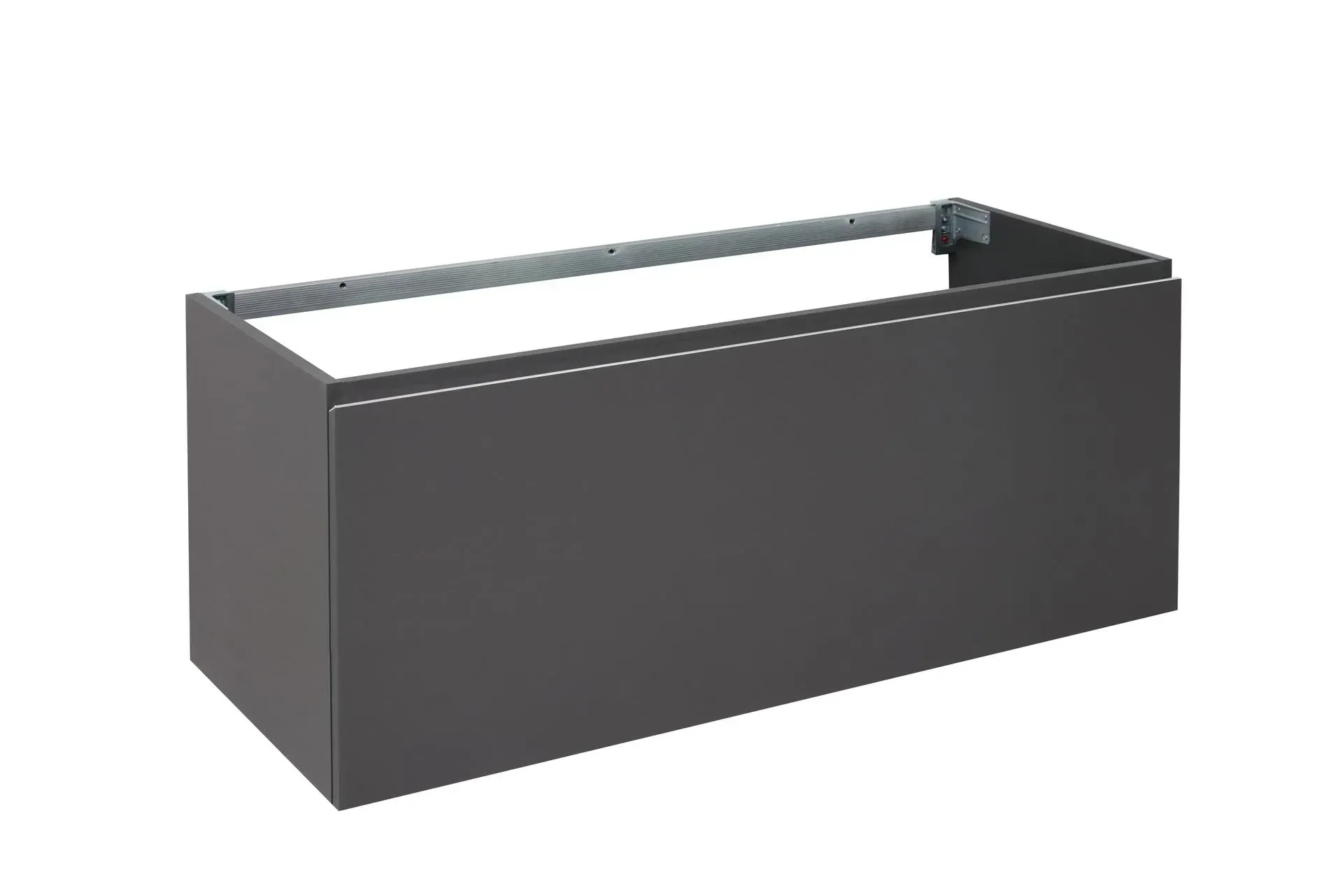 Mobile da bagno a parete, di colore grigio scuro, con parte superiore aperta e maniglia in metallo.