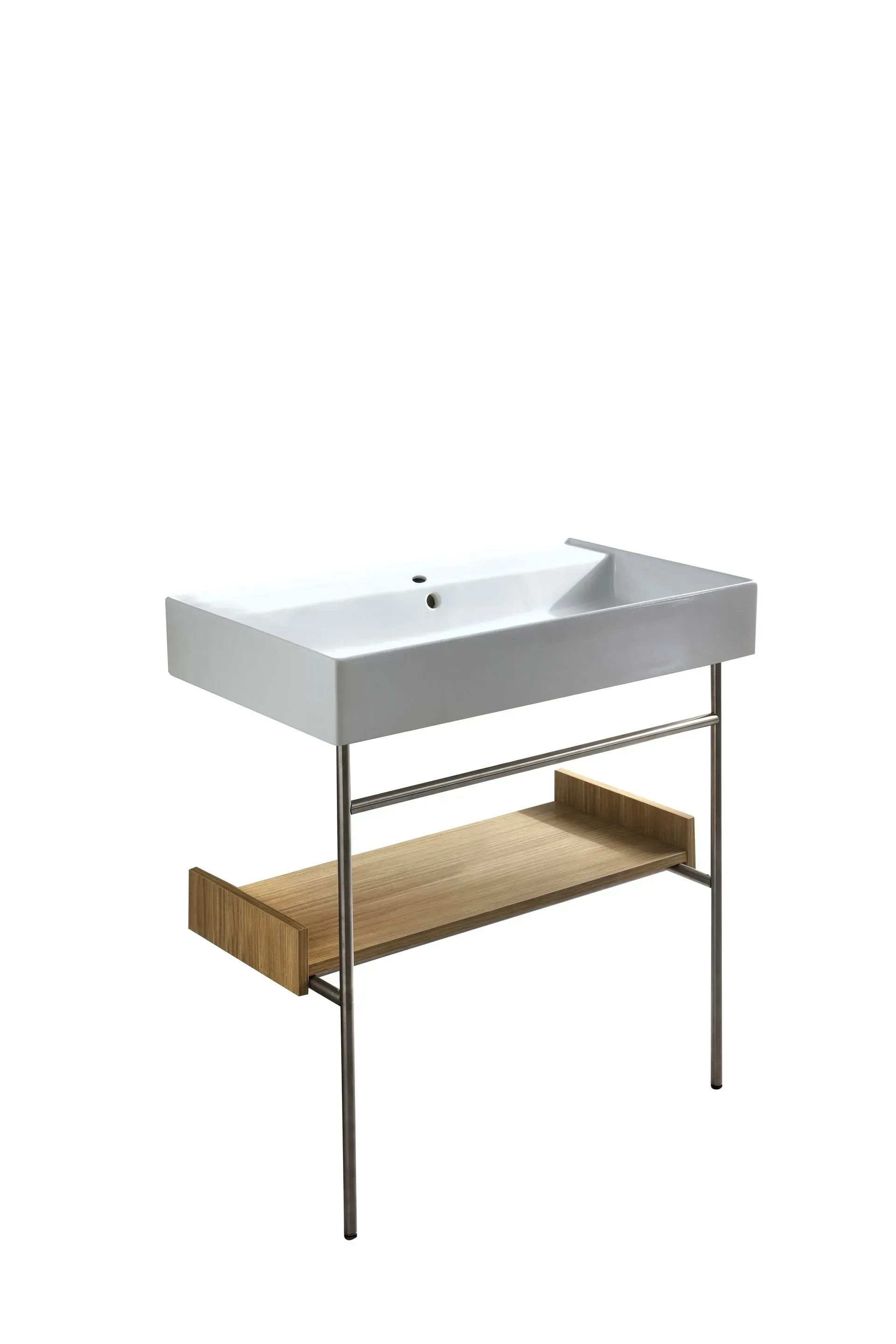 Lavabo da bagno moderno in acciaio inox con gambe in metallo e ripiano in legno sottostante.