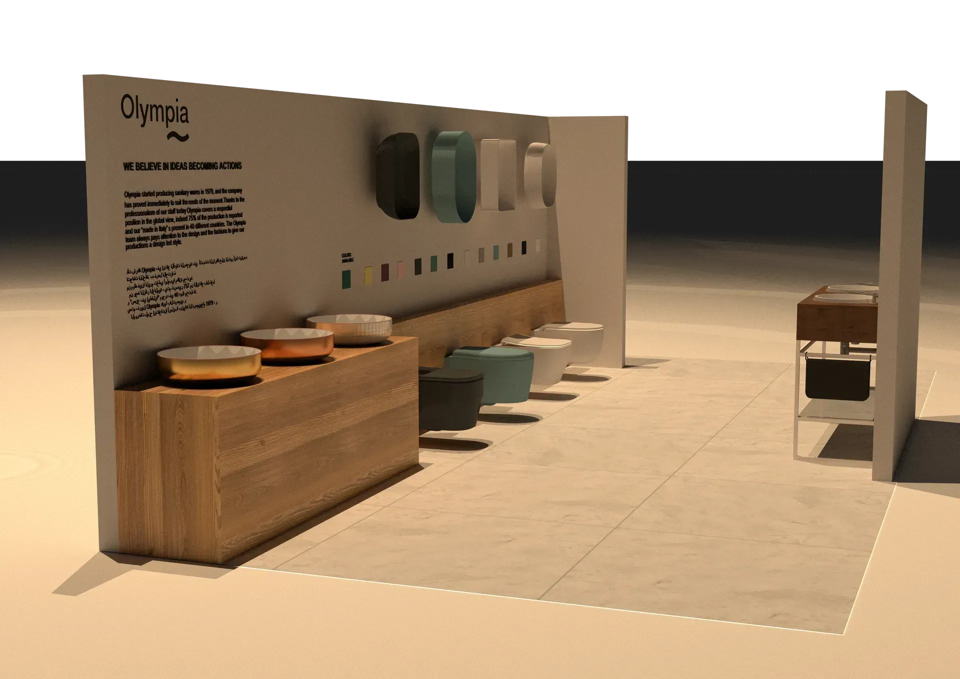 Esposizione di sanitari: lavandini e WC di vari colori esposti su uno stand con pareti in legno e neutre.