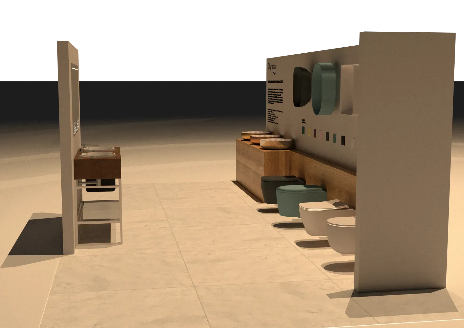 Arredi per il bagno esposti in uno showroom, tra cui lavandini, specchi e WC.