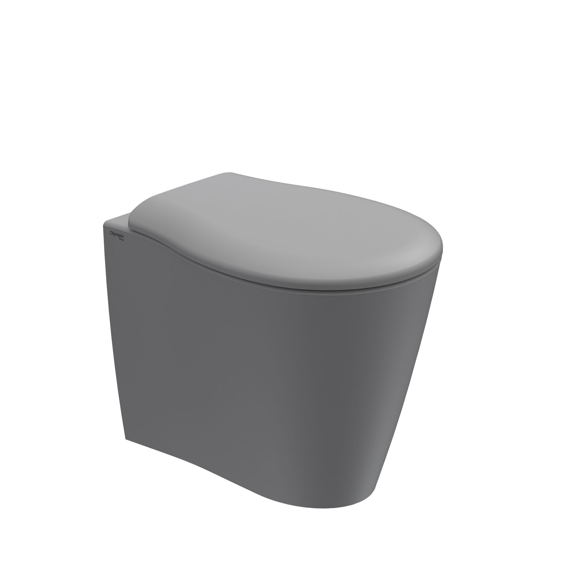 WC moderno grigio con coperchio arrotondato, mostrato su sfondo bianco.