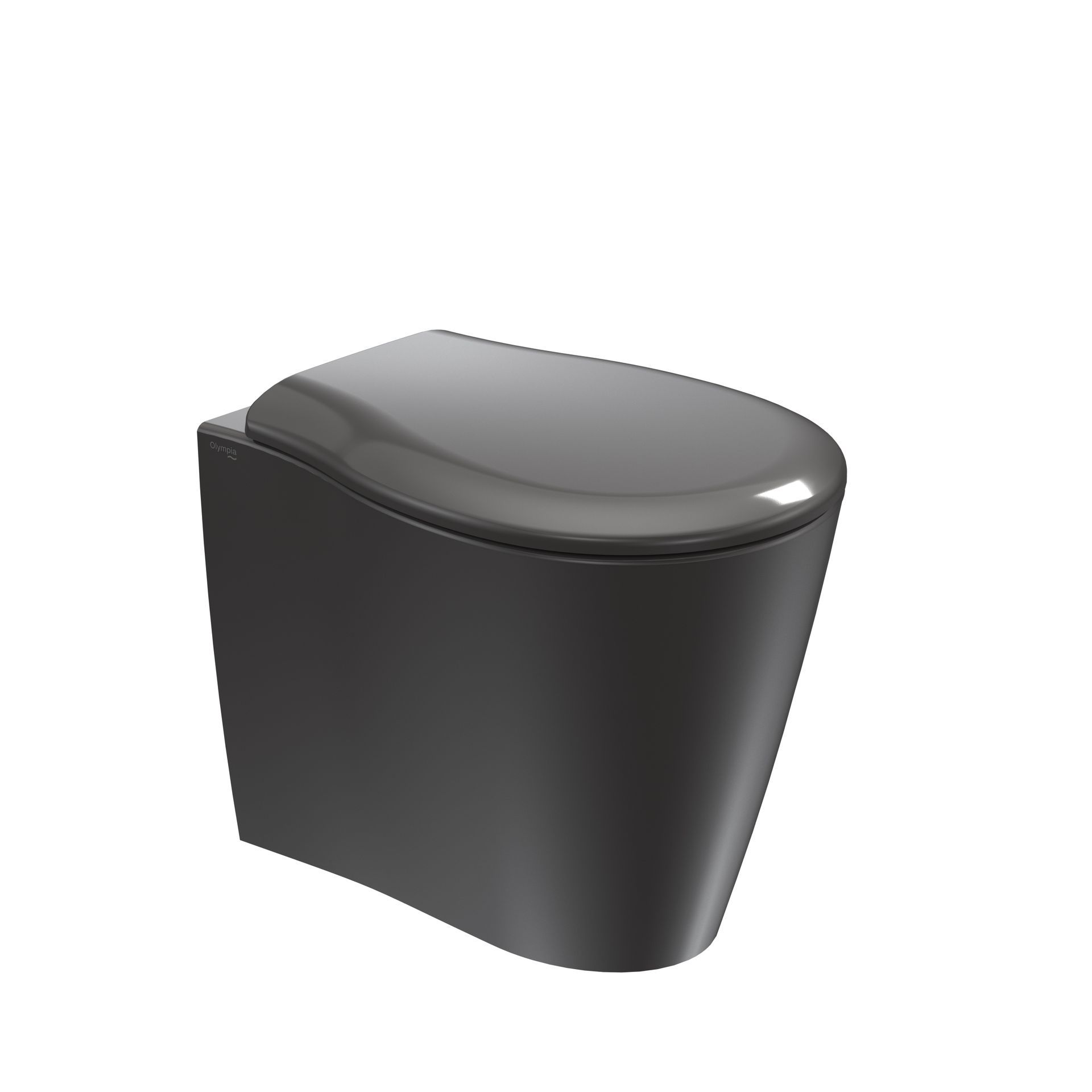 WC moderno nero con coperchio arrotondato su sfondo bianco.