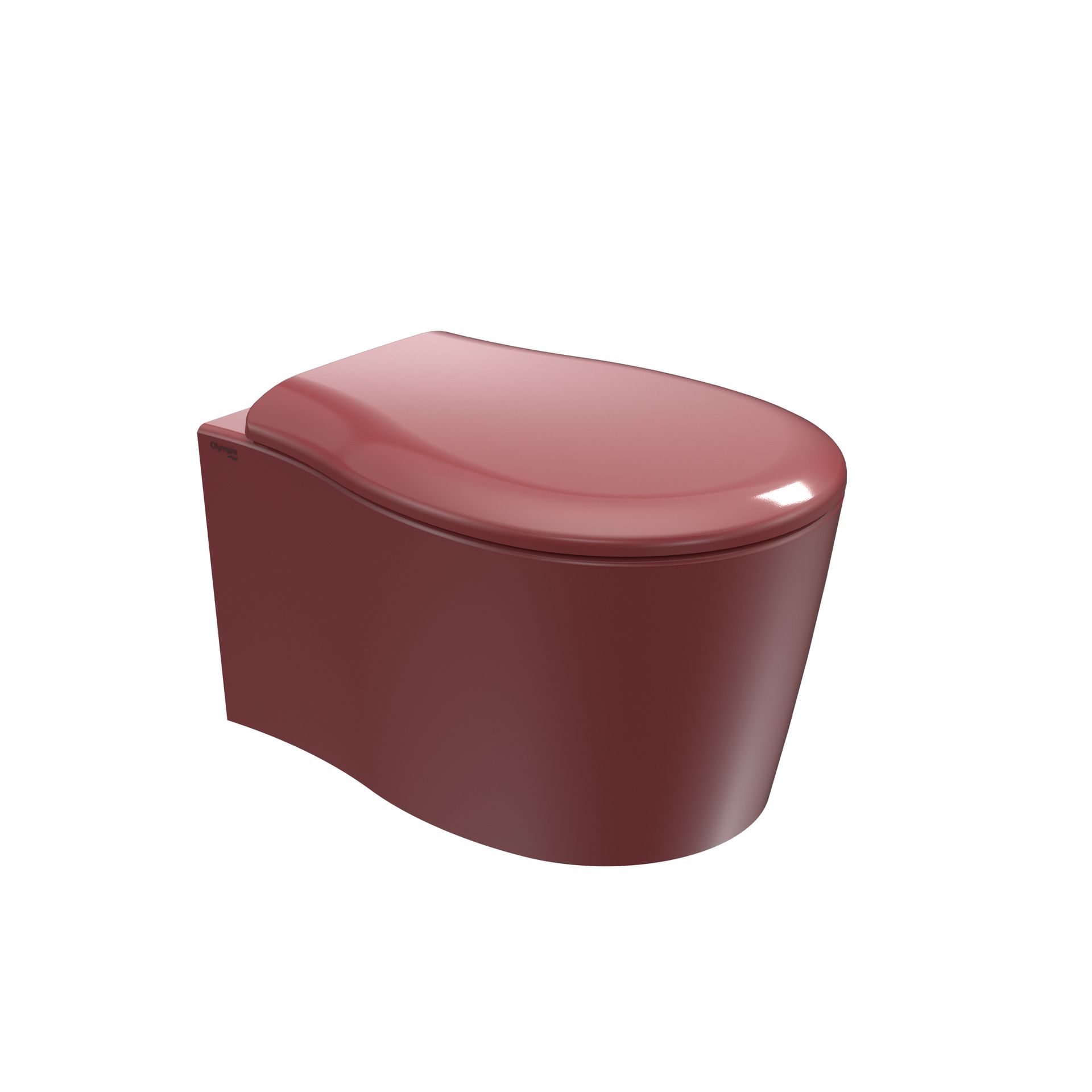 Vaso WC color bordeaux lucido con coperchio arrotondato su sfondo bianco.