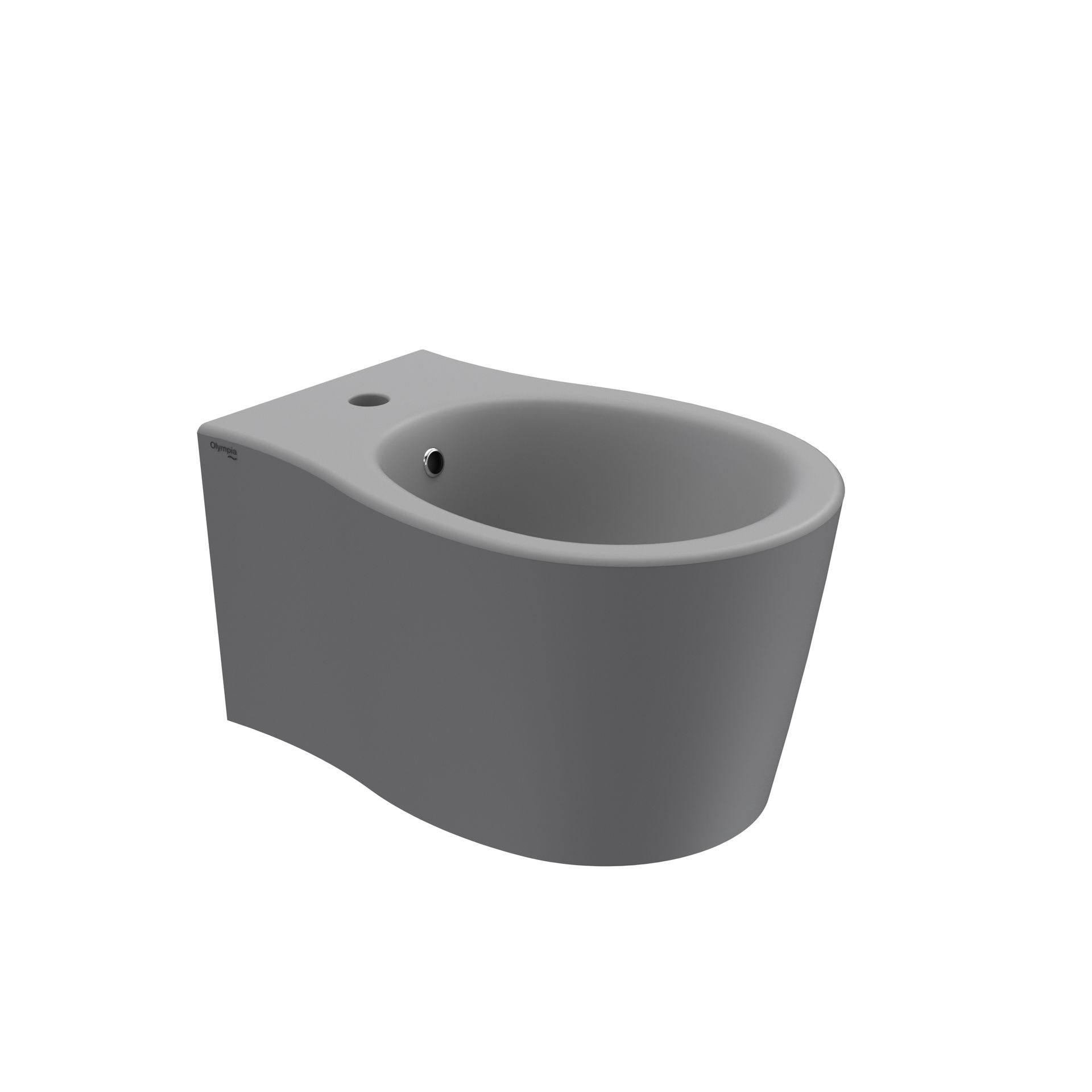 WC sospeso grigio con tazza ovale e foro laterale.