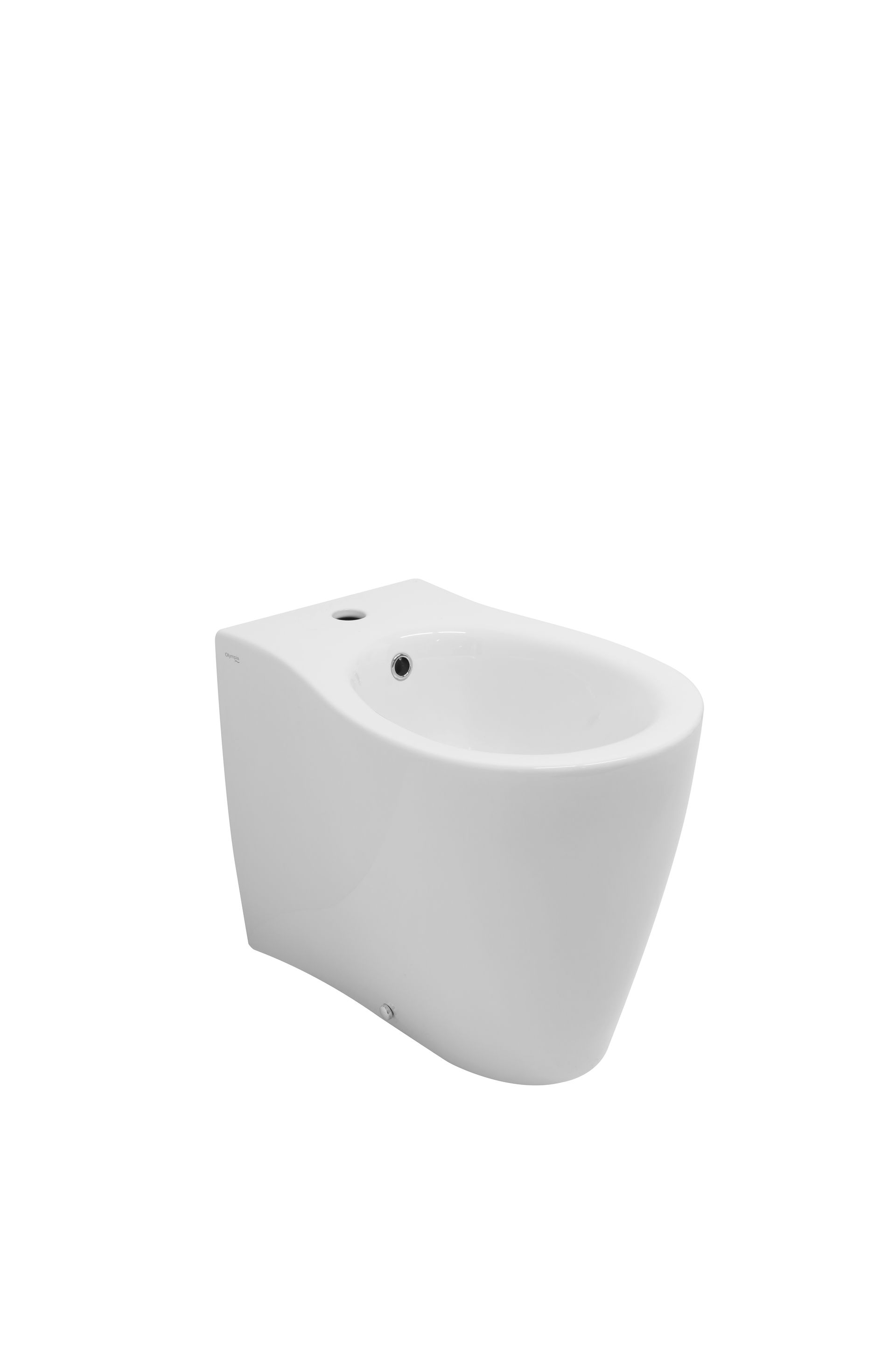 Bidet bianco sospeso dal design curvo, con due fori nella parte superiore e una bacinella.