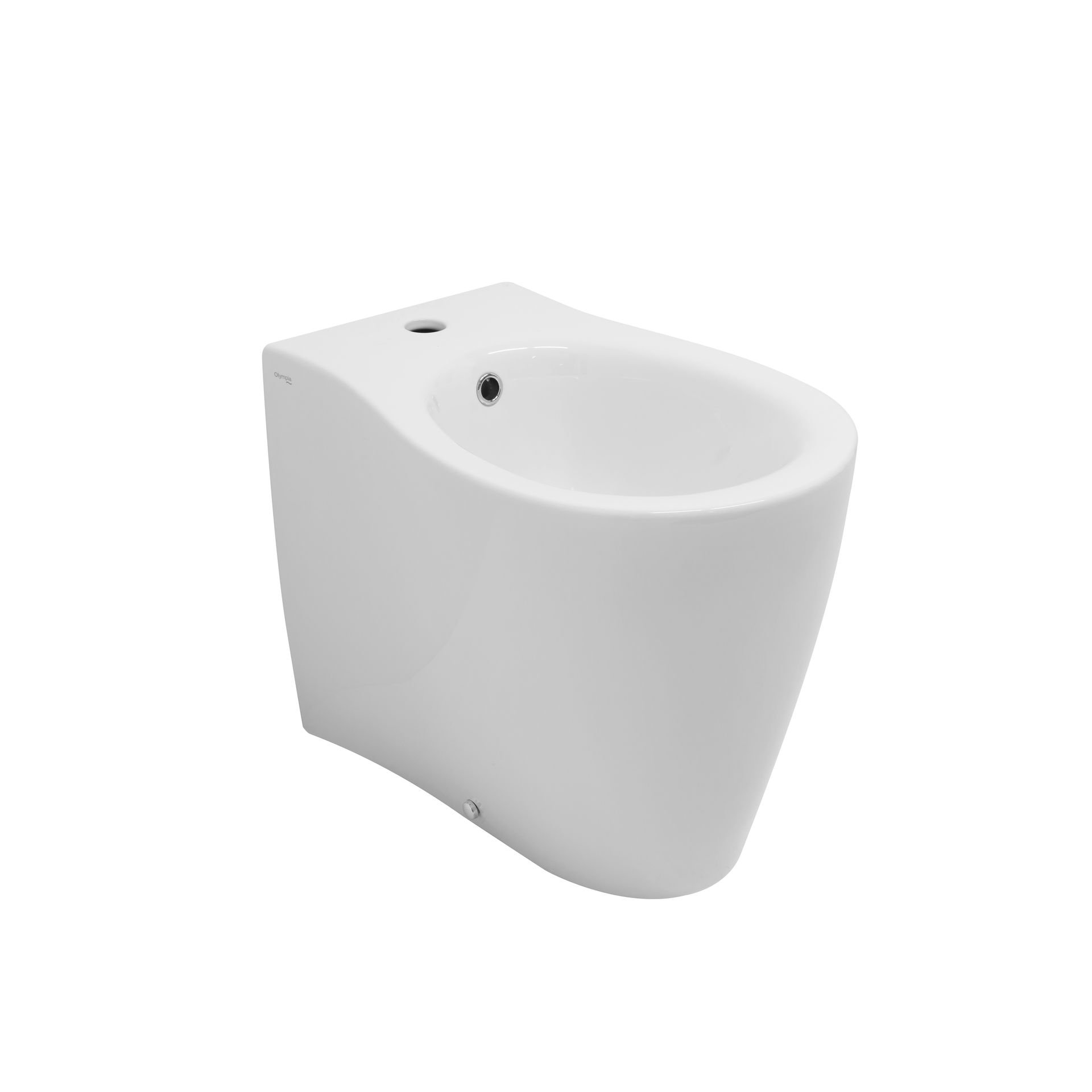 WC bidet moderno in ceramica bianca con foro per rubinetto integrato su sfondo neutro.