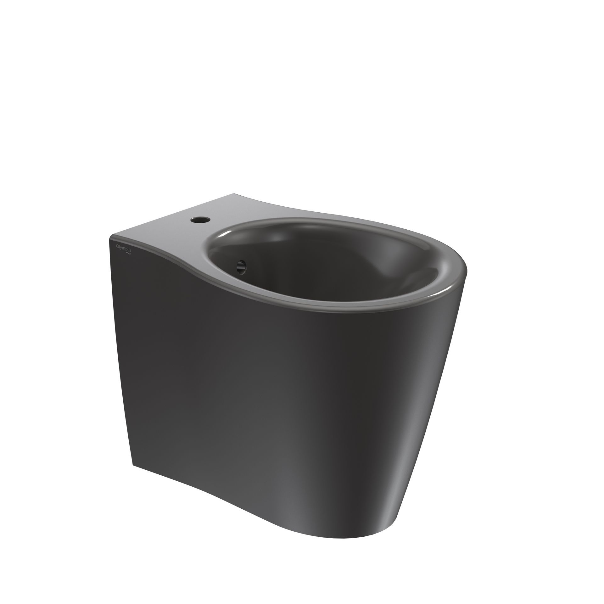 WC in ceramica nera con frontale arrotondato e foro di scarico laterale su sfondo bianco.
