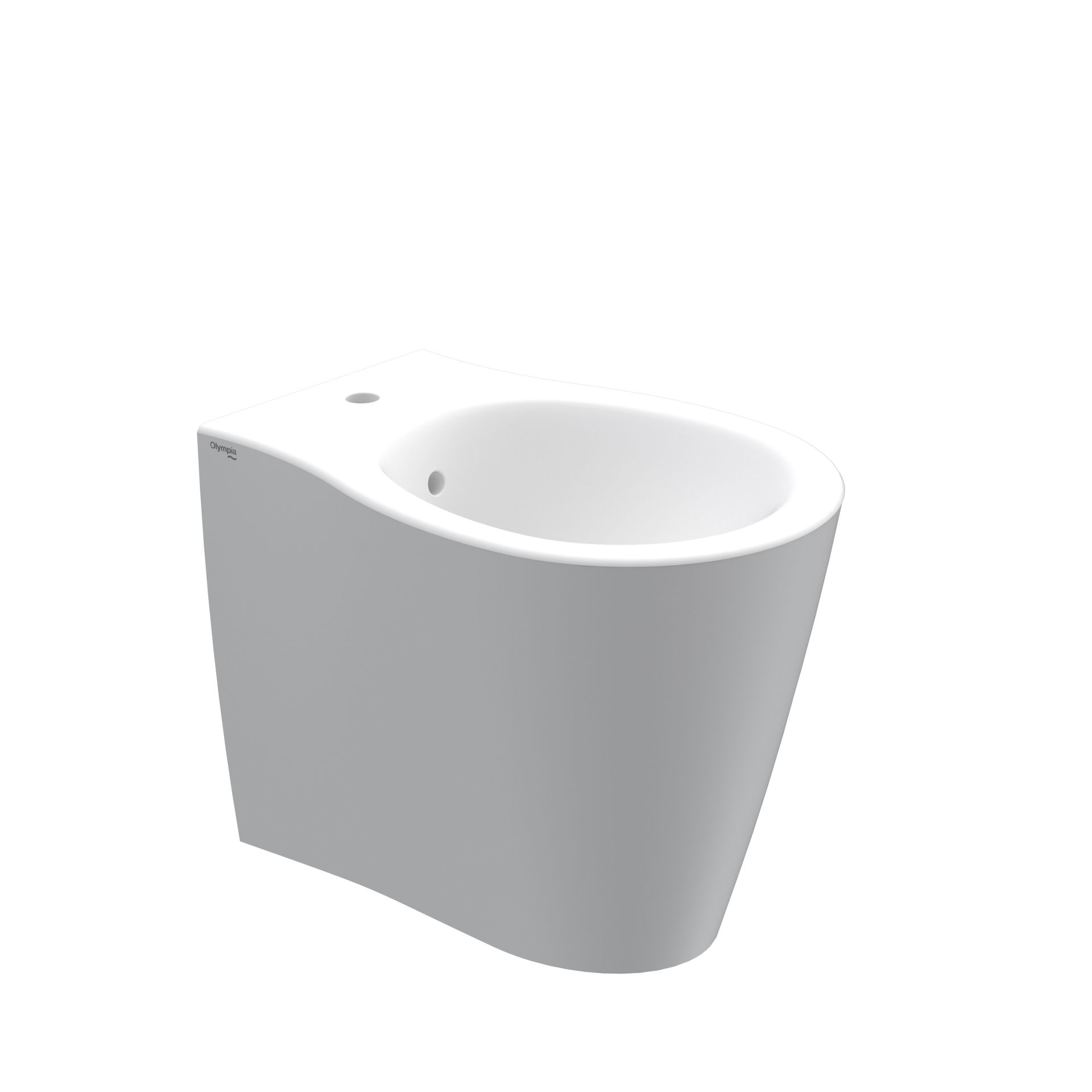 WC moderno bianco con tazza rotonda e base esterna grigia su sfondo bianco.