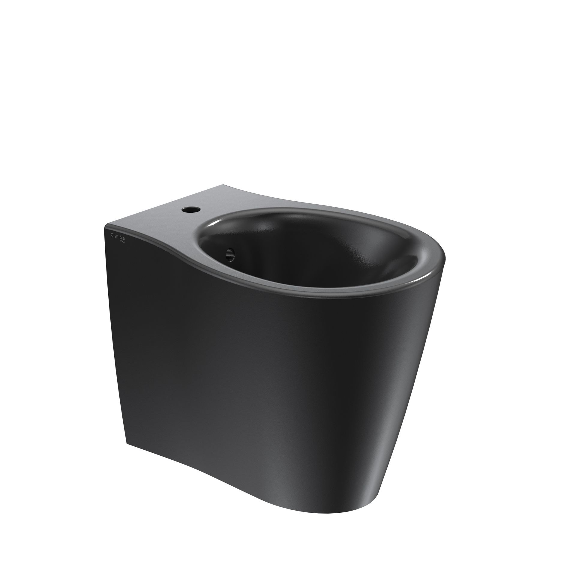 Vaso WC moderno nero con parte frontale arrotondata e finitura opaca, isolato su sfondo bianco.