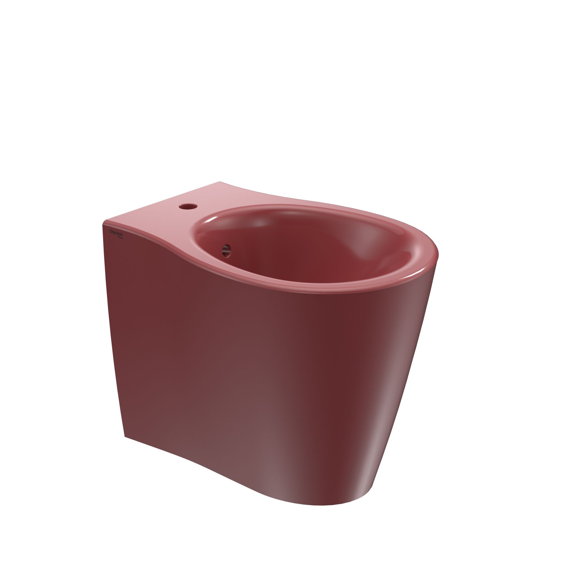 Vaso e cassetta di scarico in ceramica color bordeaux su sfondo bianco.
