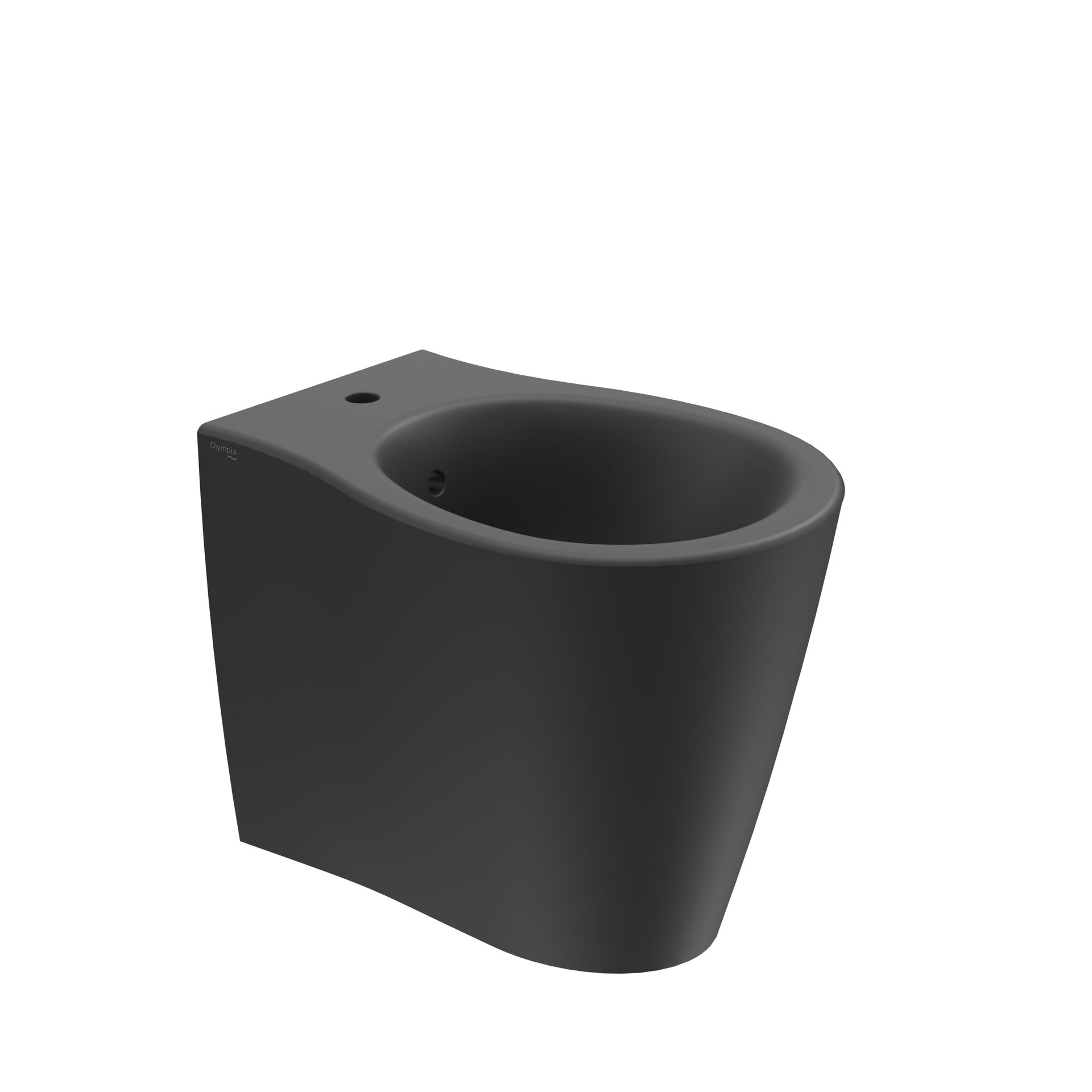 Vaso WC in ceramica nera con parte frontale arrotondata e foro di scarico laterale su sfondo bianco.