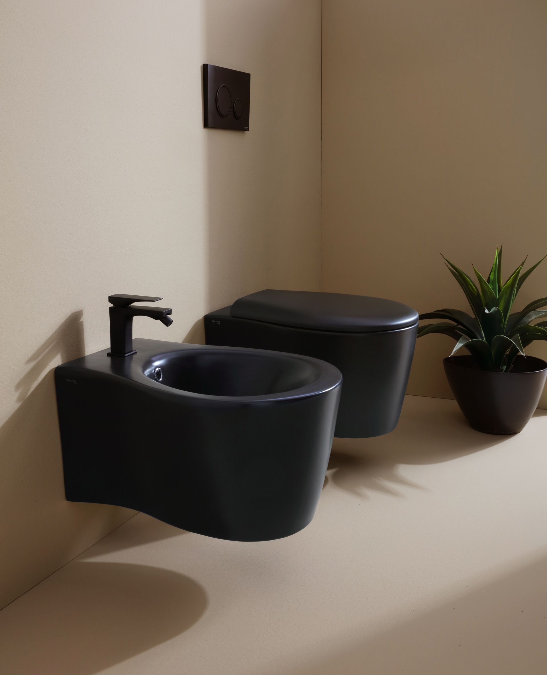 Bidet e WC sospesi grigio scuro in un bagno moderno.
