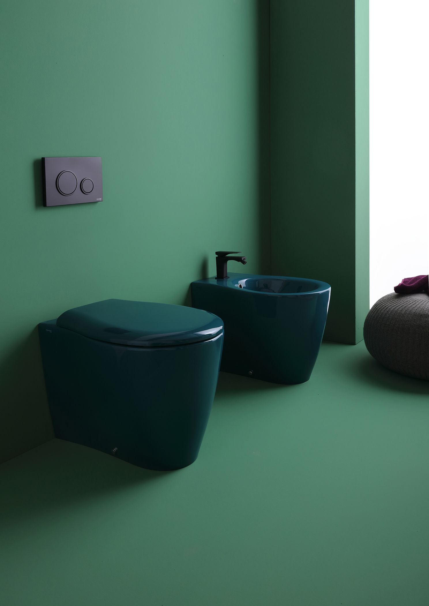 WC e bidet color verde acqua contro una parete verde. Una placca di scarico grigia è montata sopra il WC.