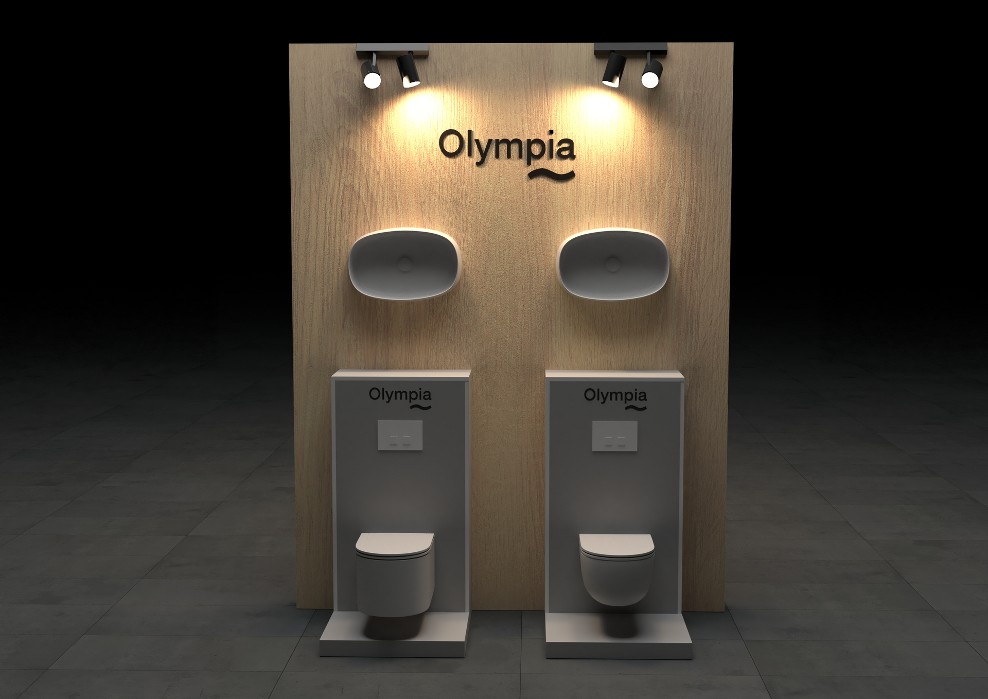 Un pannello espositivo di Olympia con due WC sospesi e lavabi a incasso abbinati, su una base effetto legno.