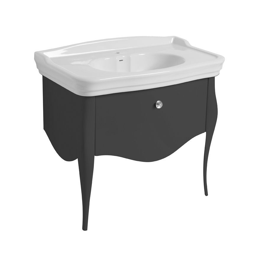 Un mobile da bagno color grigio antracite con lavabo in ceramica bianca e gambe curve.