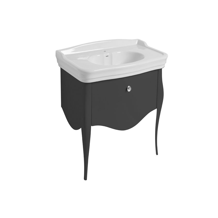 Un mobile da bagno grigio scuro con lavabo in ceramica bianca e gambe curve.