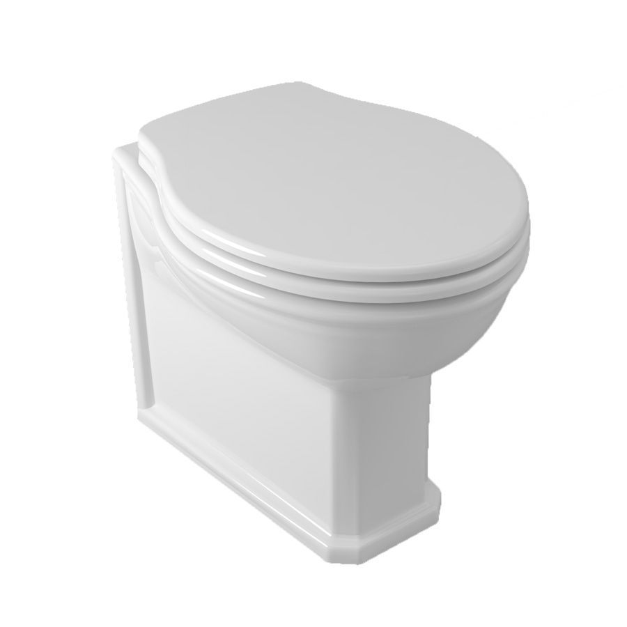 Un WC moderno, bianco, a pavimento, con coperchio chiuso, su sfondo bianco.