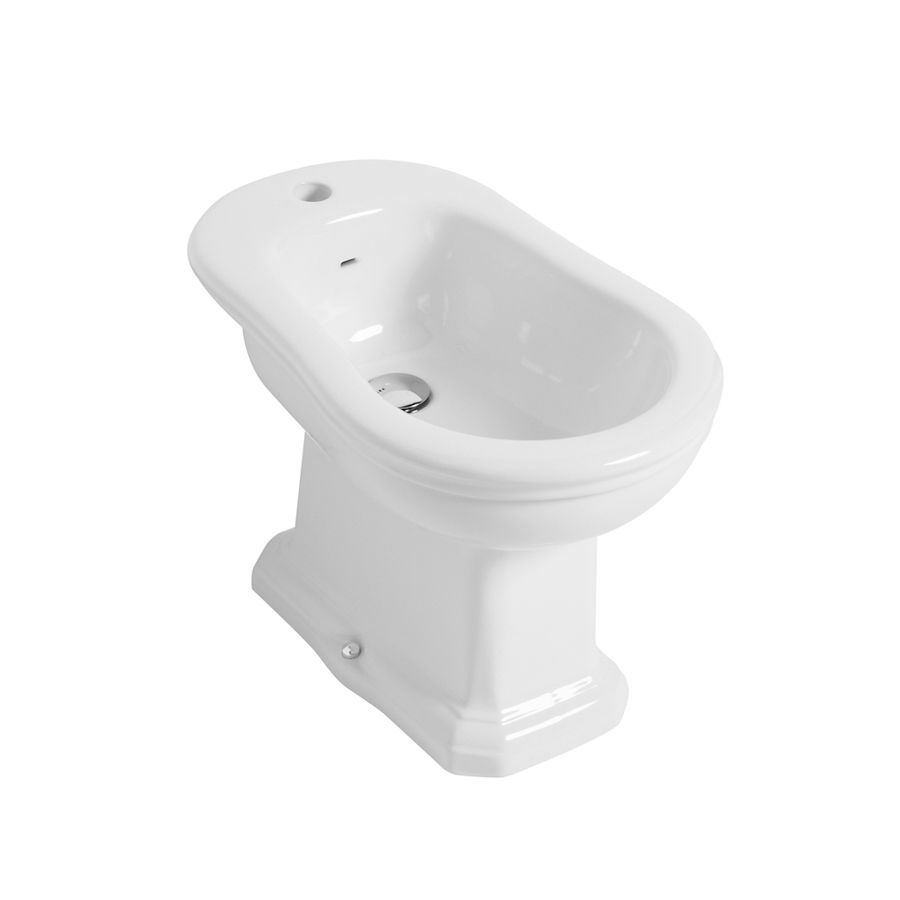 Un bidet in ceramica bianca su una base a piedistallo, su uno sfondo bianco uniforme.