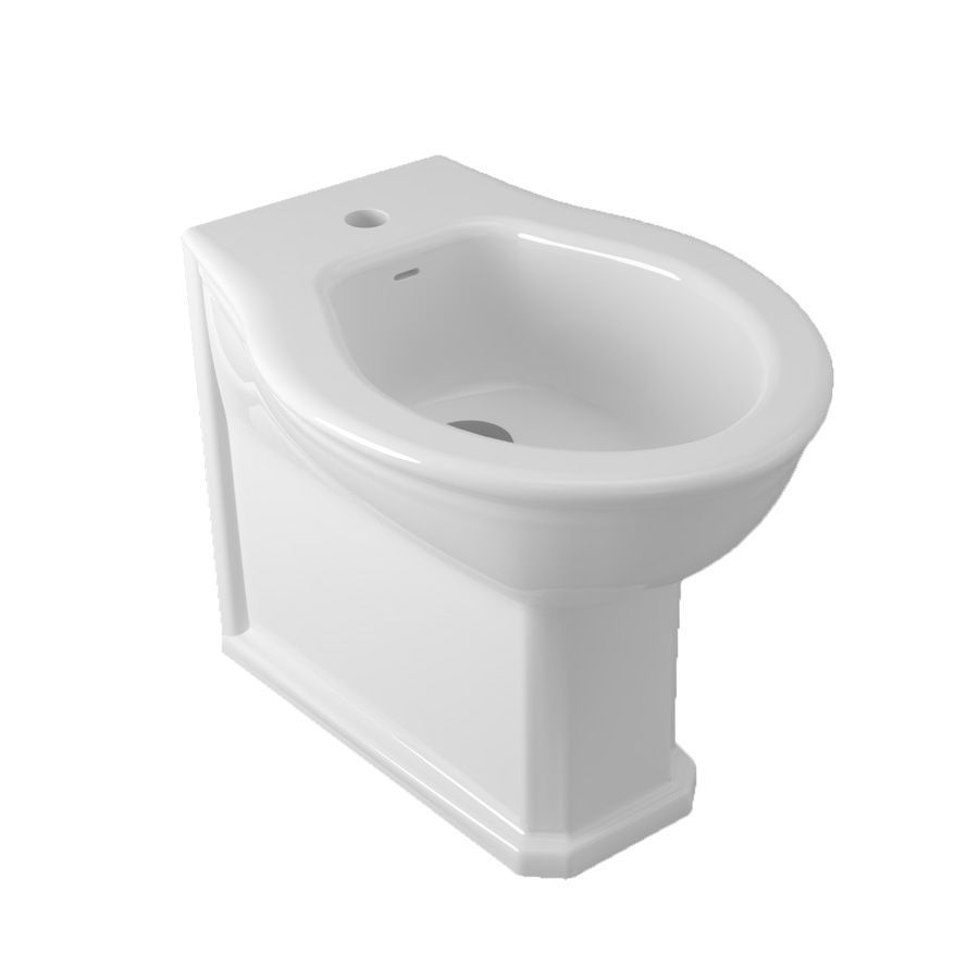 Un bidet a pavimento in ceramica bianca con foro per il rubinetto, mostrato su uno sfondo bianco uniforme.