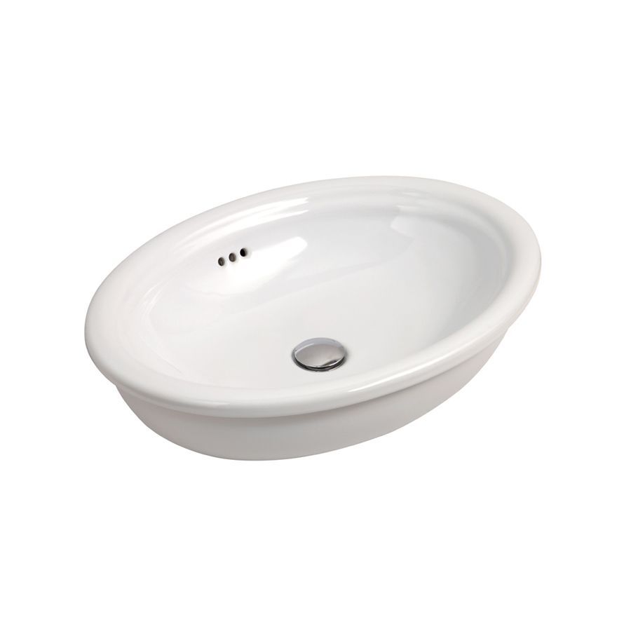 Lavabo da bagno bianco, di forma ovale, con scarico centrale cromato e foro di troppo pieno laterale.